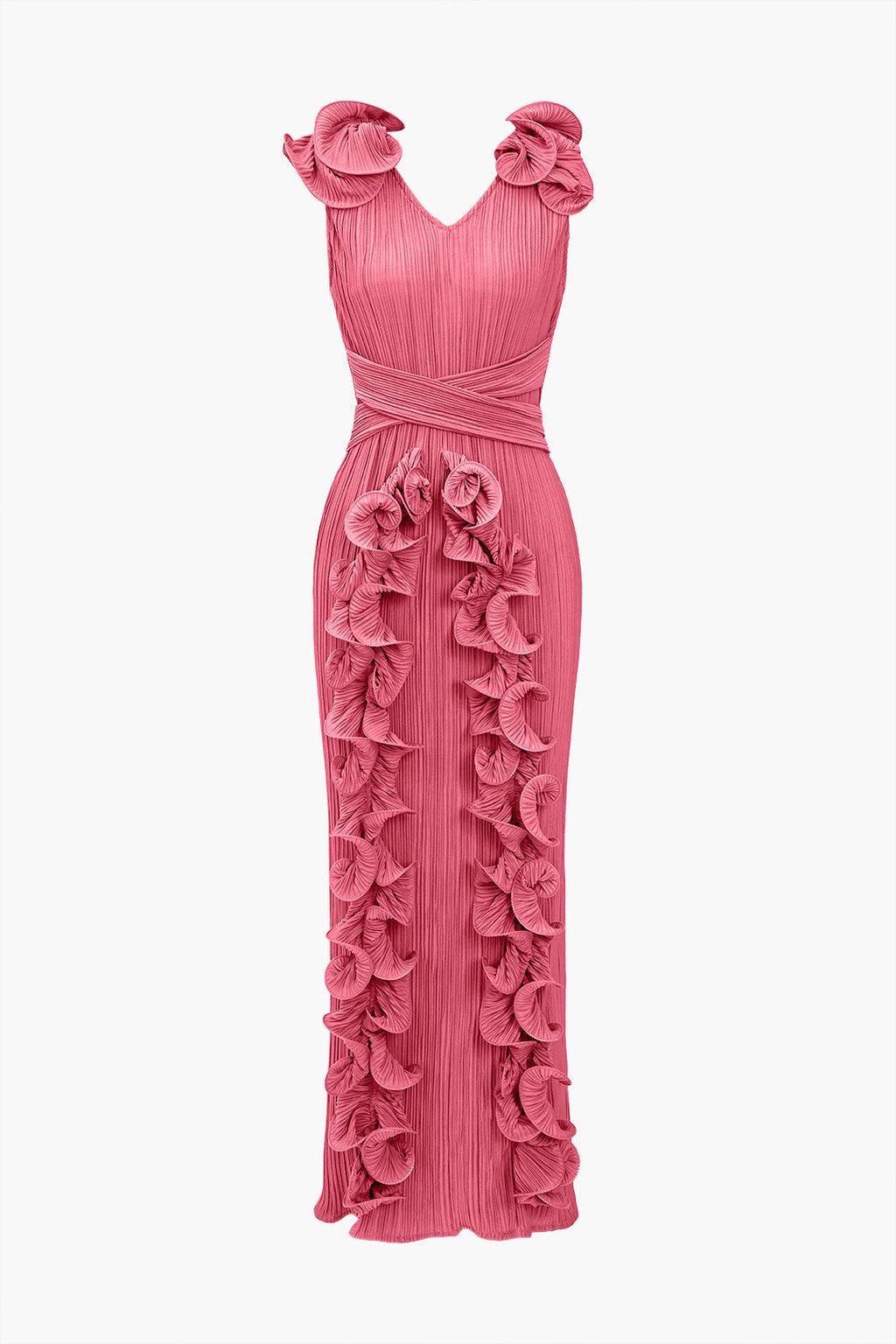 3D Çiçekli V Yaka Midi Elbise