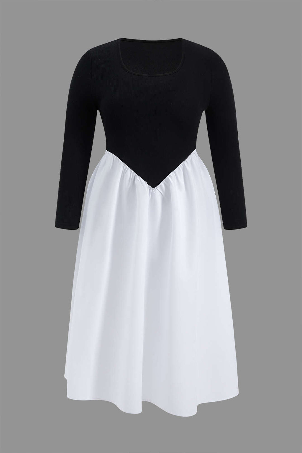 Büyük Beden Uzun Kollu Yuvarlak Yaka Patchwork Midi Elbise