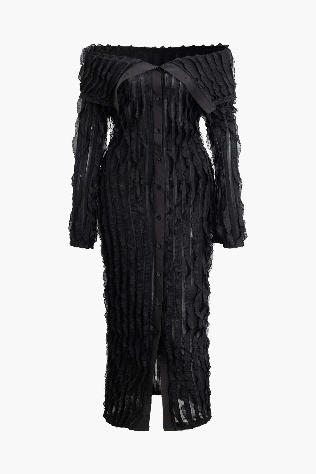 Büyük Beden Katı Düğme Fırfırlı maksi Elbise