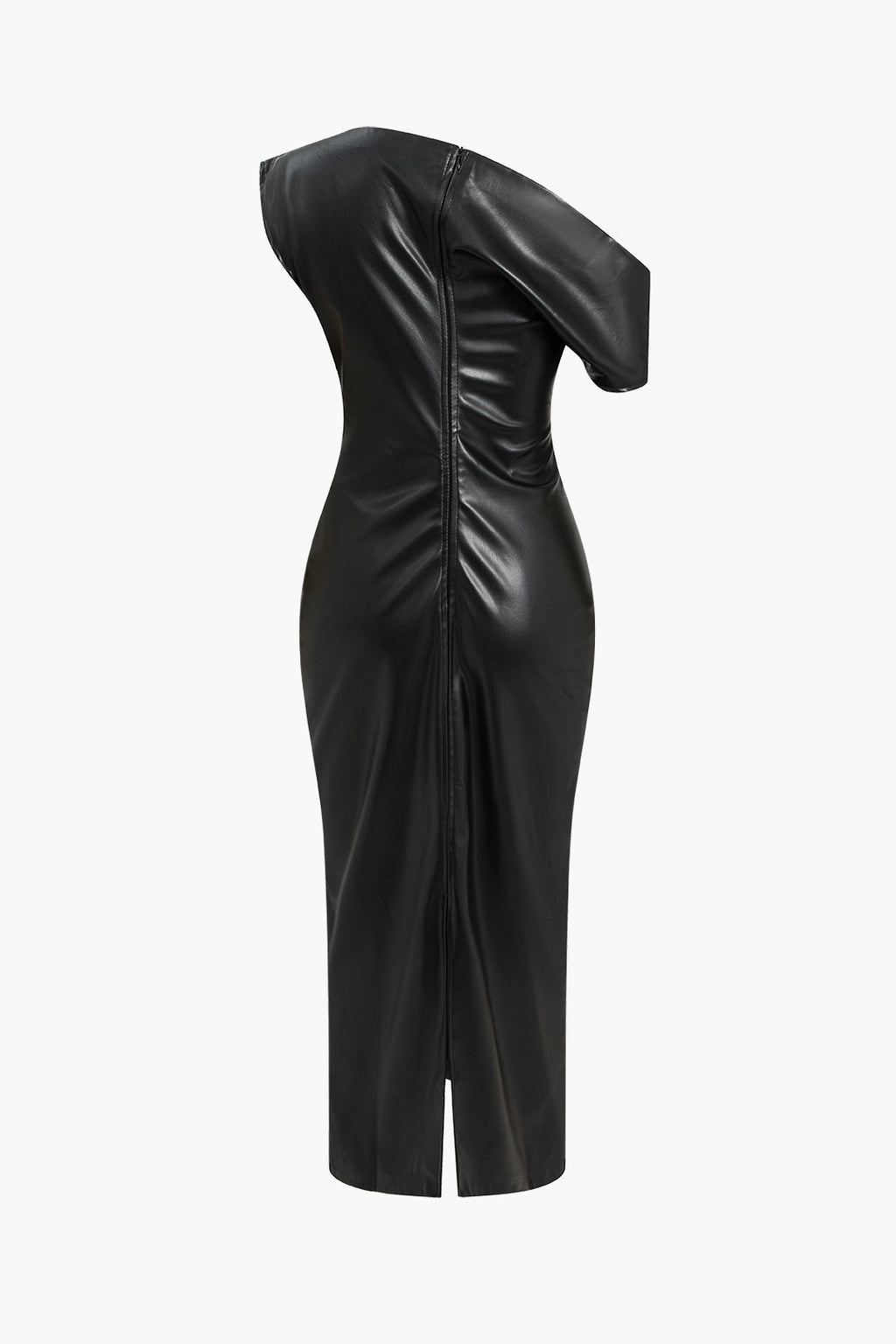 Asimetri Deri Fermuarlı Midi Elbise