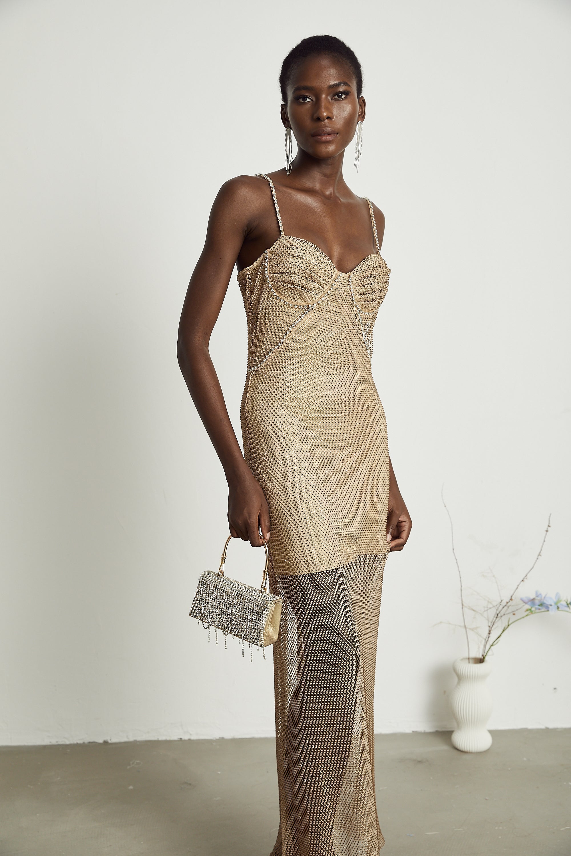 Delphine kristal midi elbise