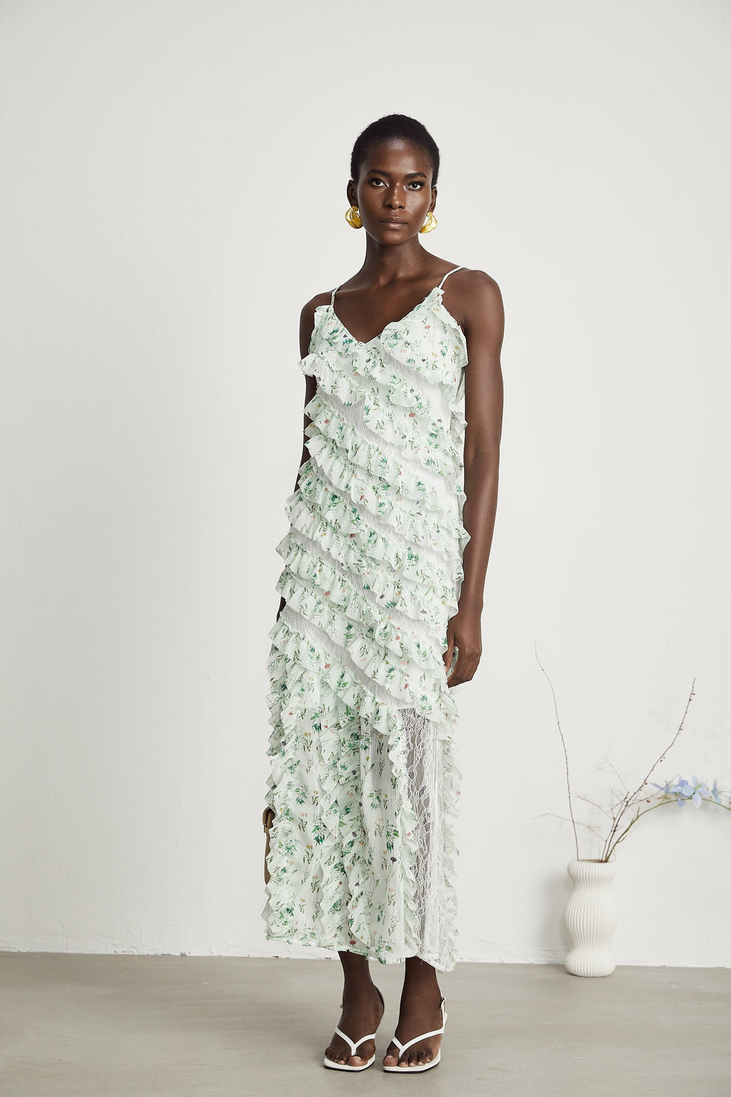 Céleste fırfır midi elbise