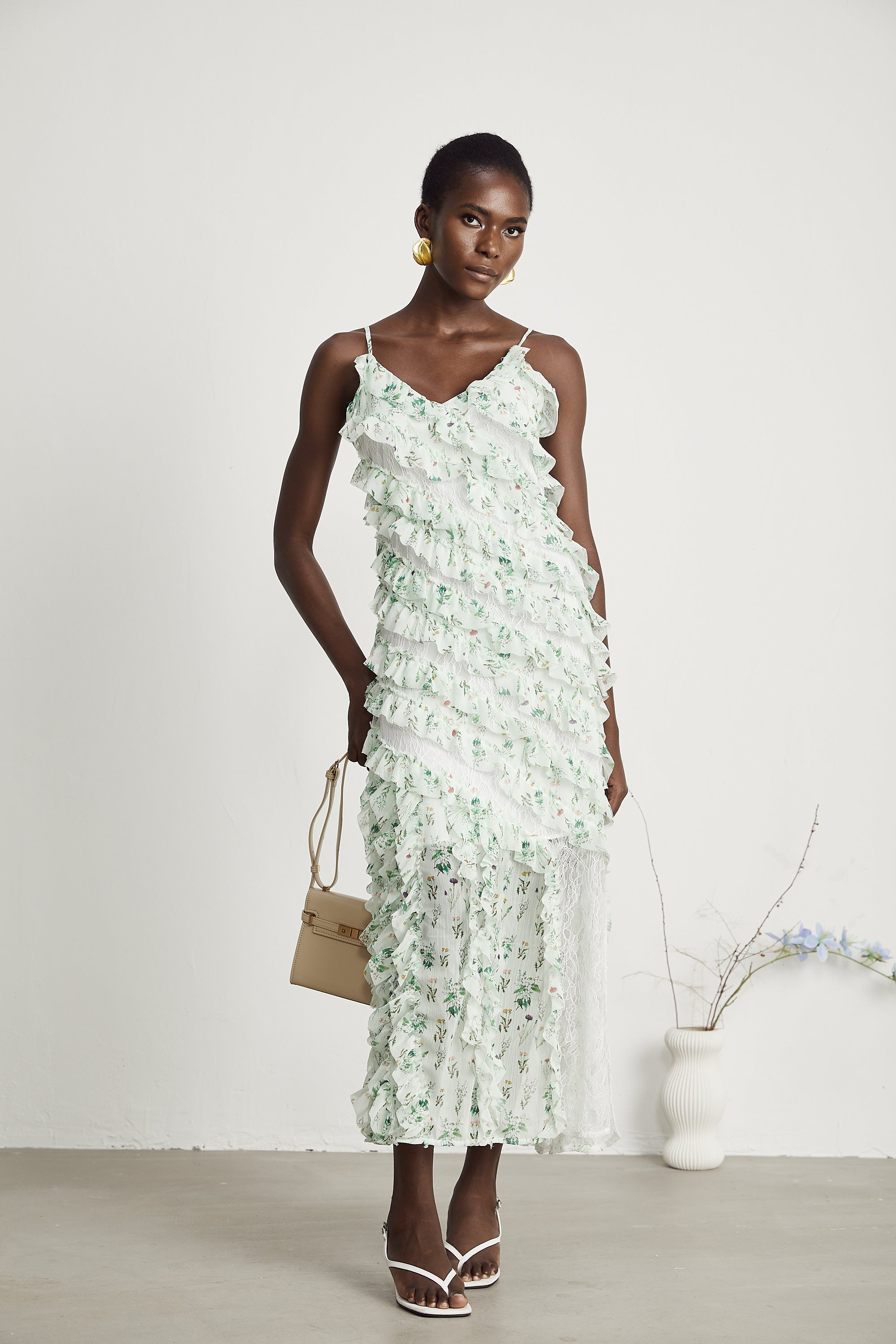 Céleste fırfır midi elbise