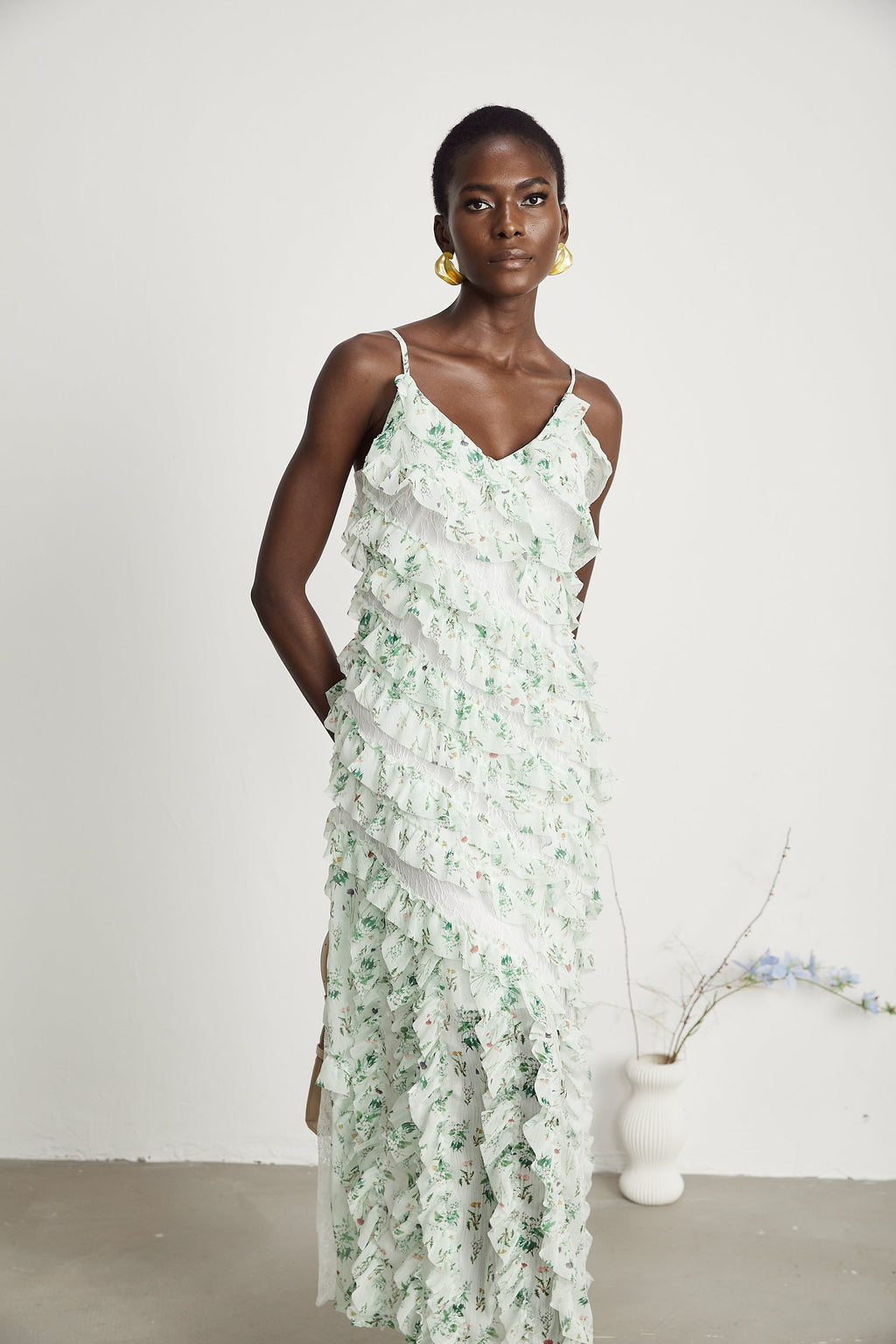 Céleste fırfır midi elbise