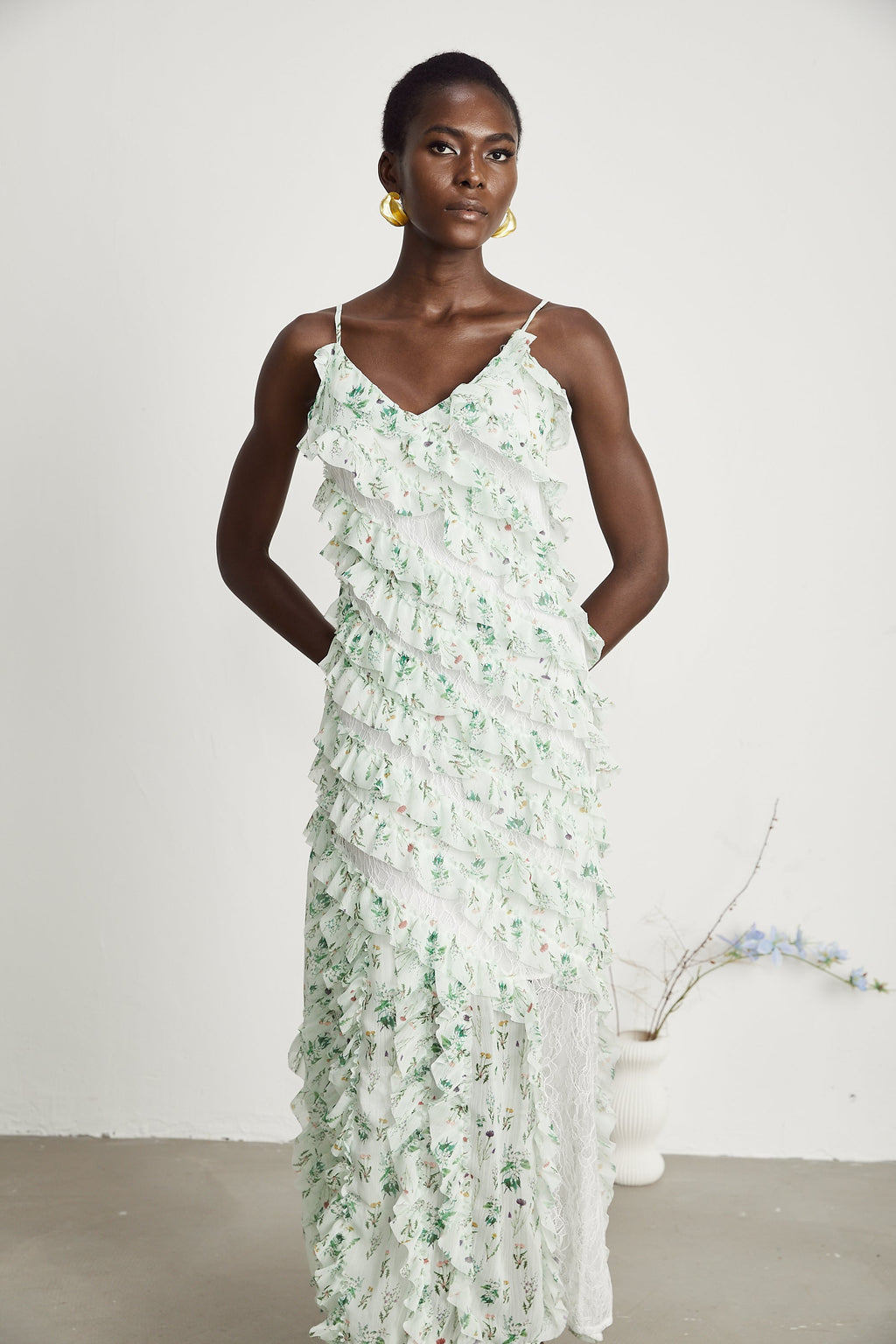 Céleste fırfır midi elbise