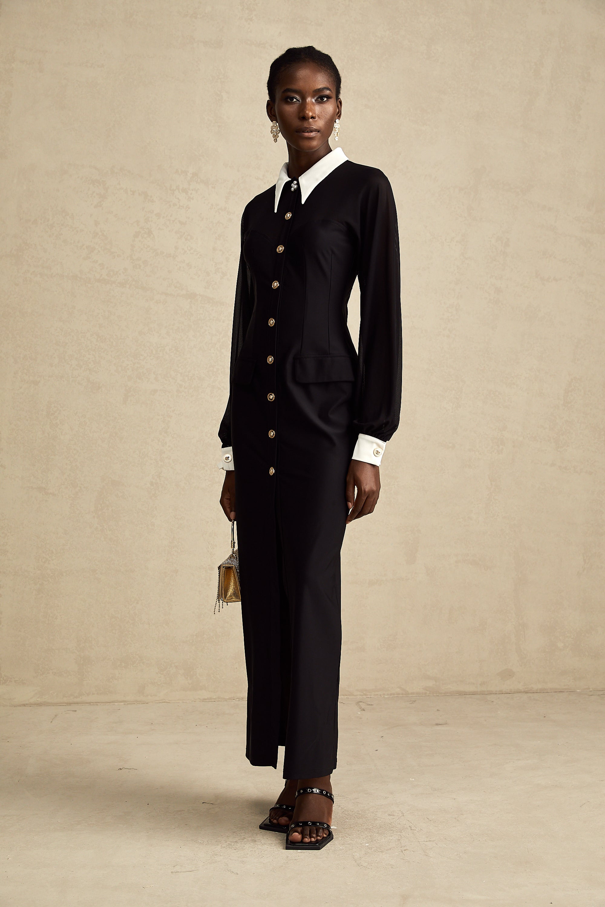 Cyrielle kontrast midi elbise