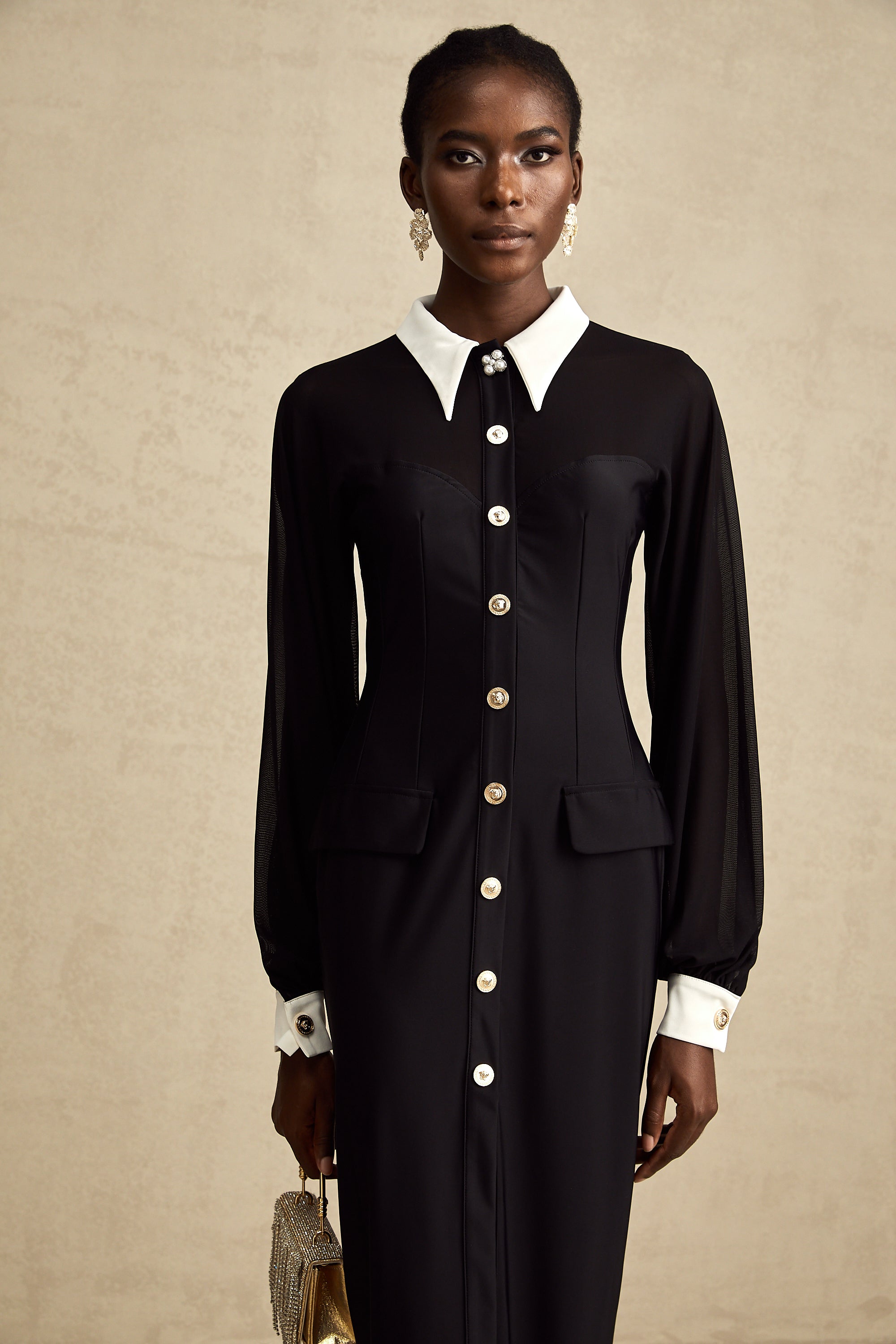 Cyrielle kontrast midi elbise