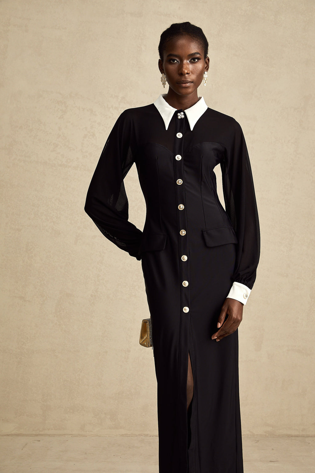 Cyrielle kontrast midi elbise