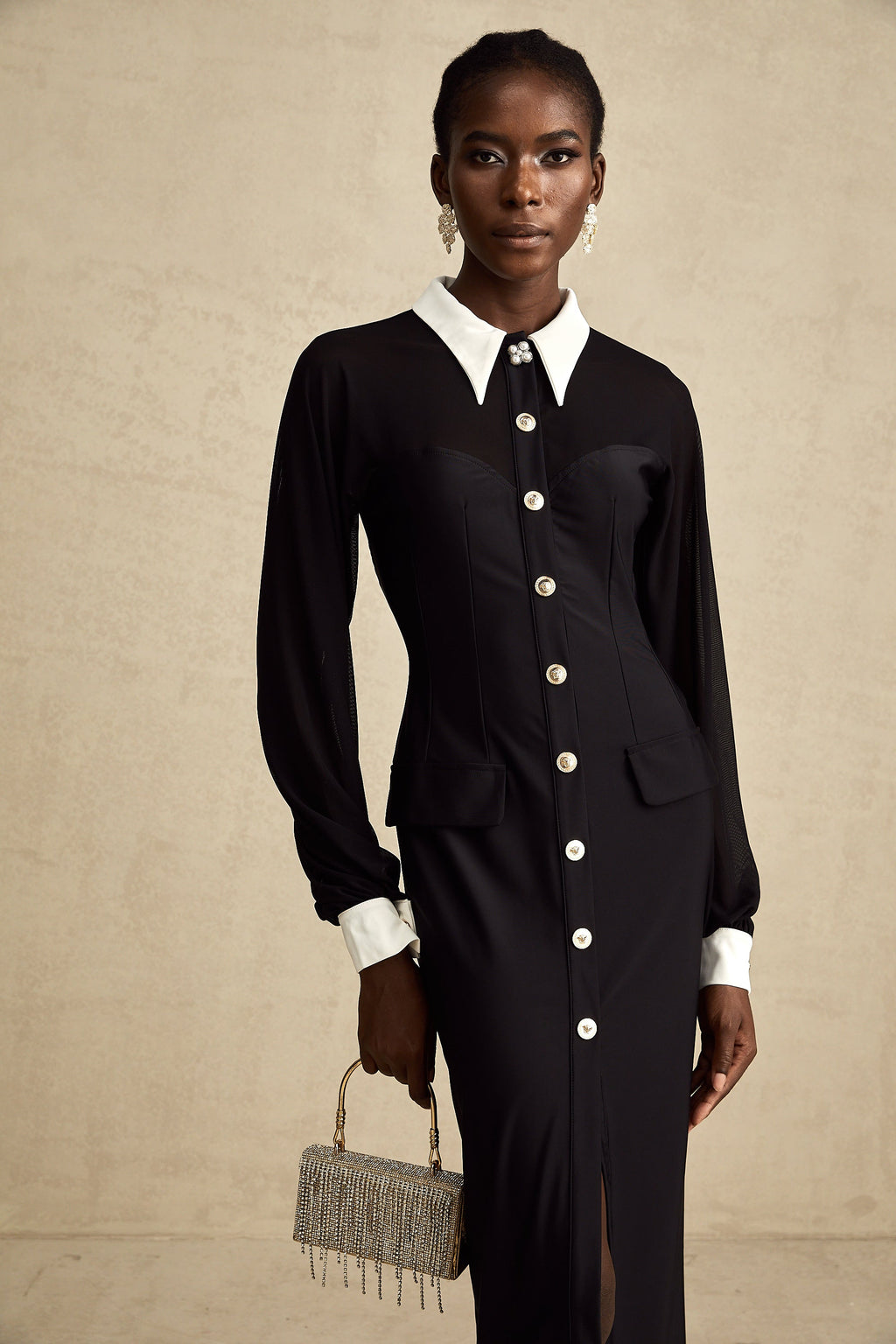 Cyrielle kontrast midi elbise