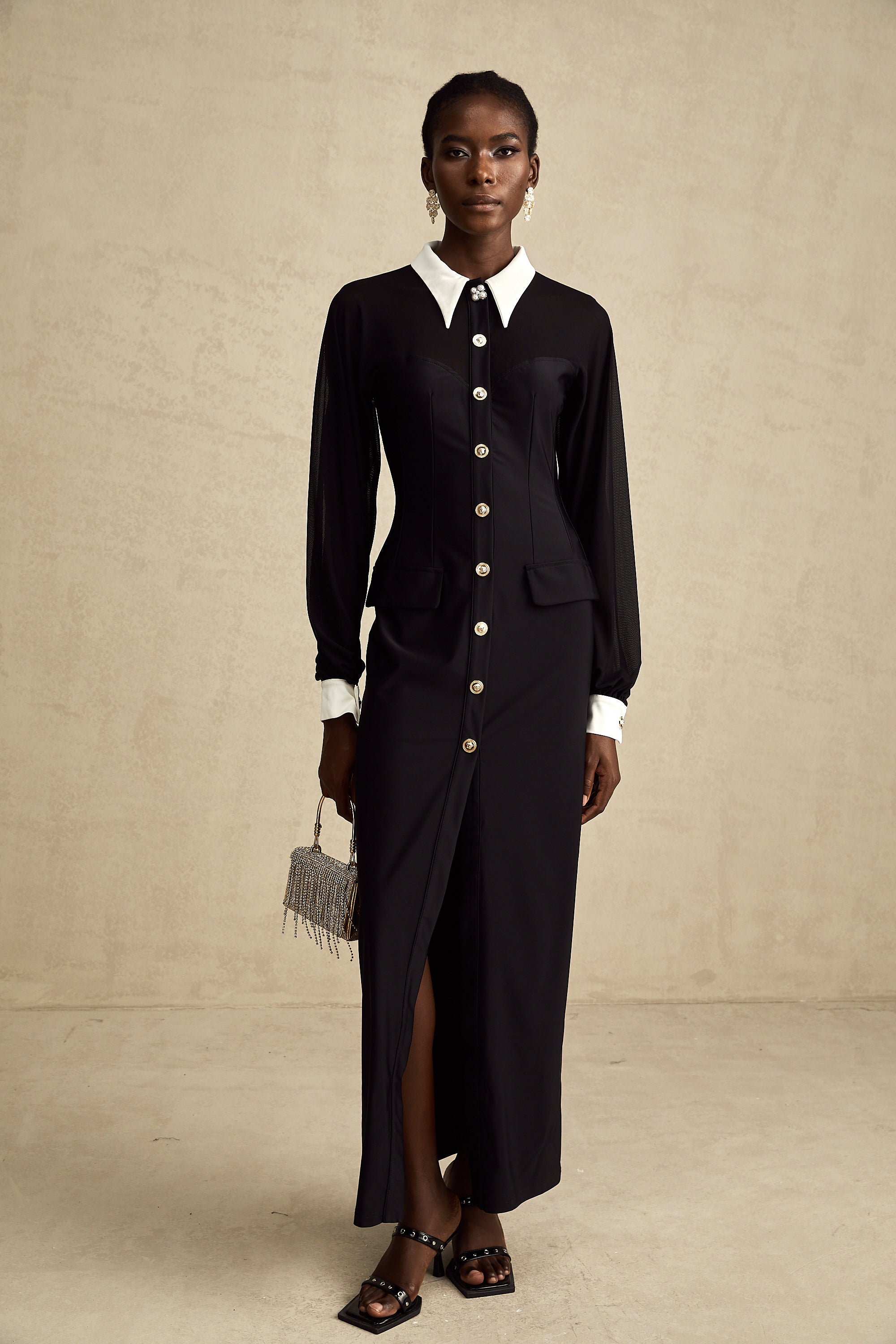 Cyrielle kontrast midi elbise