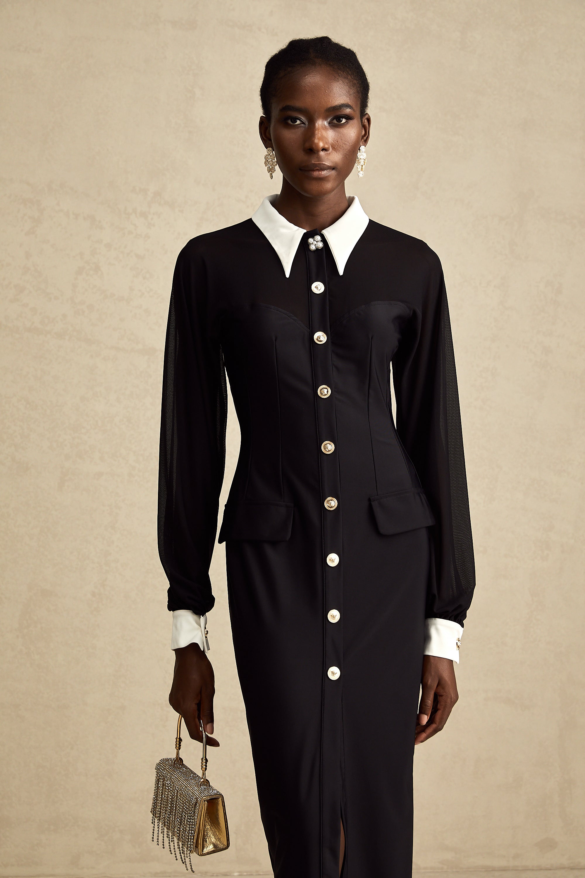 Cyrielle kontrast midi elbise