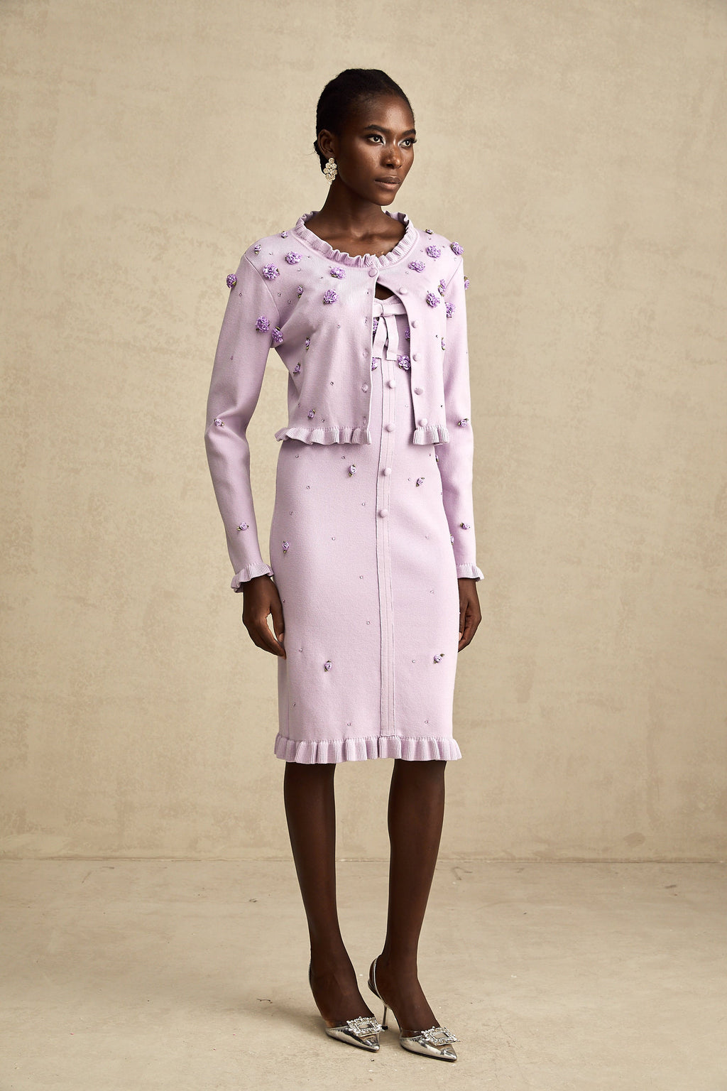 Çiçekli Örme Hırka ve Elbise Takım