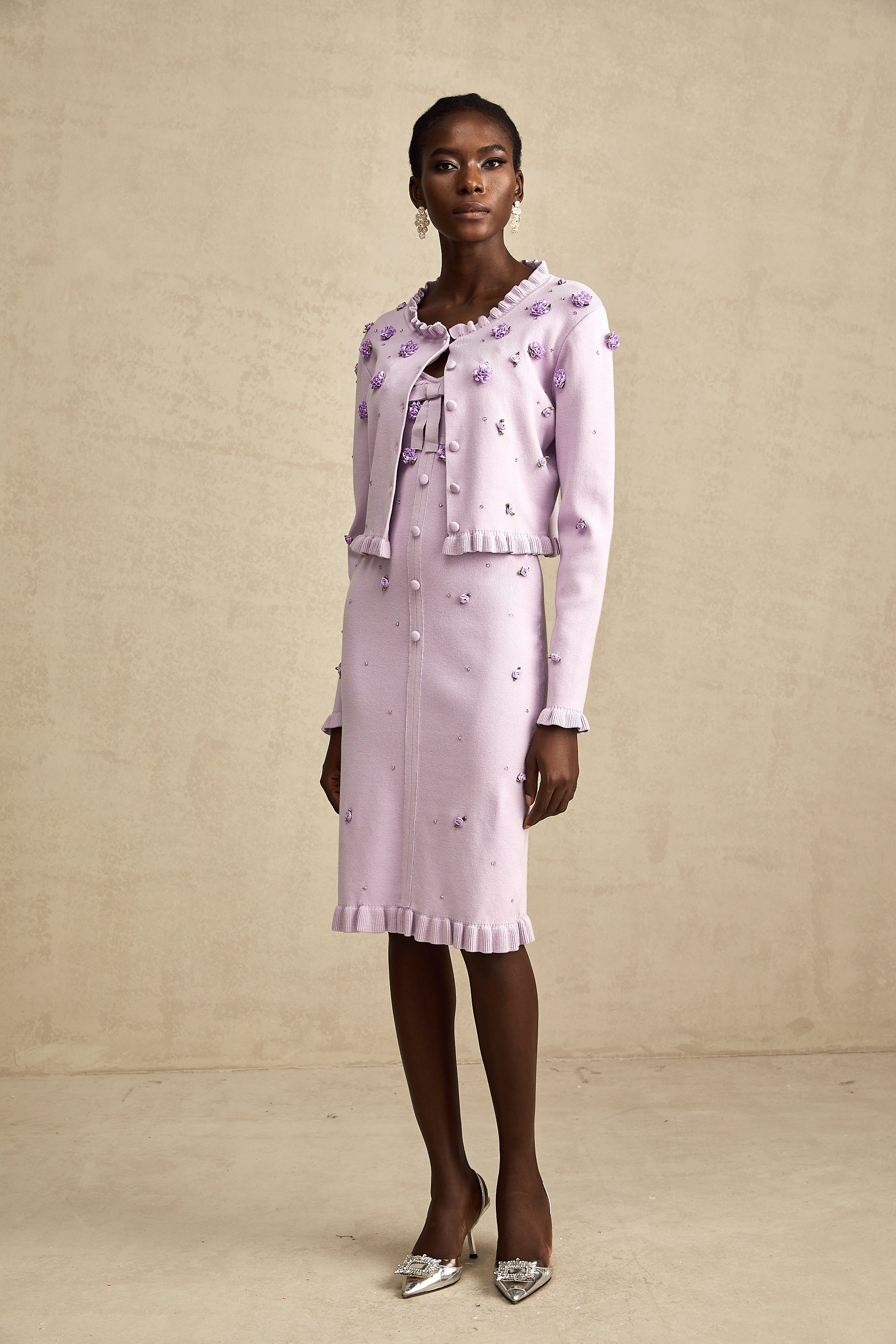 Çiçekli Örme Hırka ve Elbise Takım