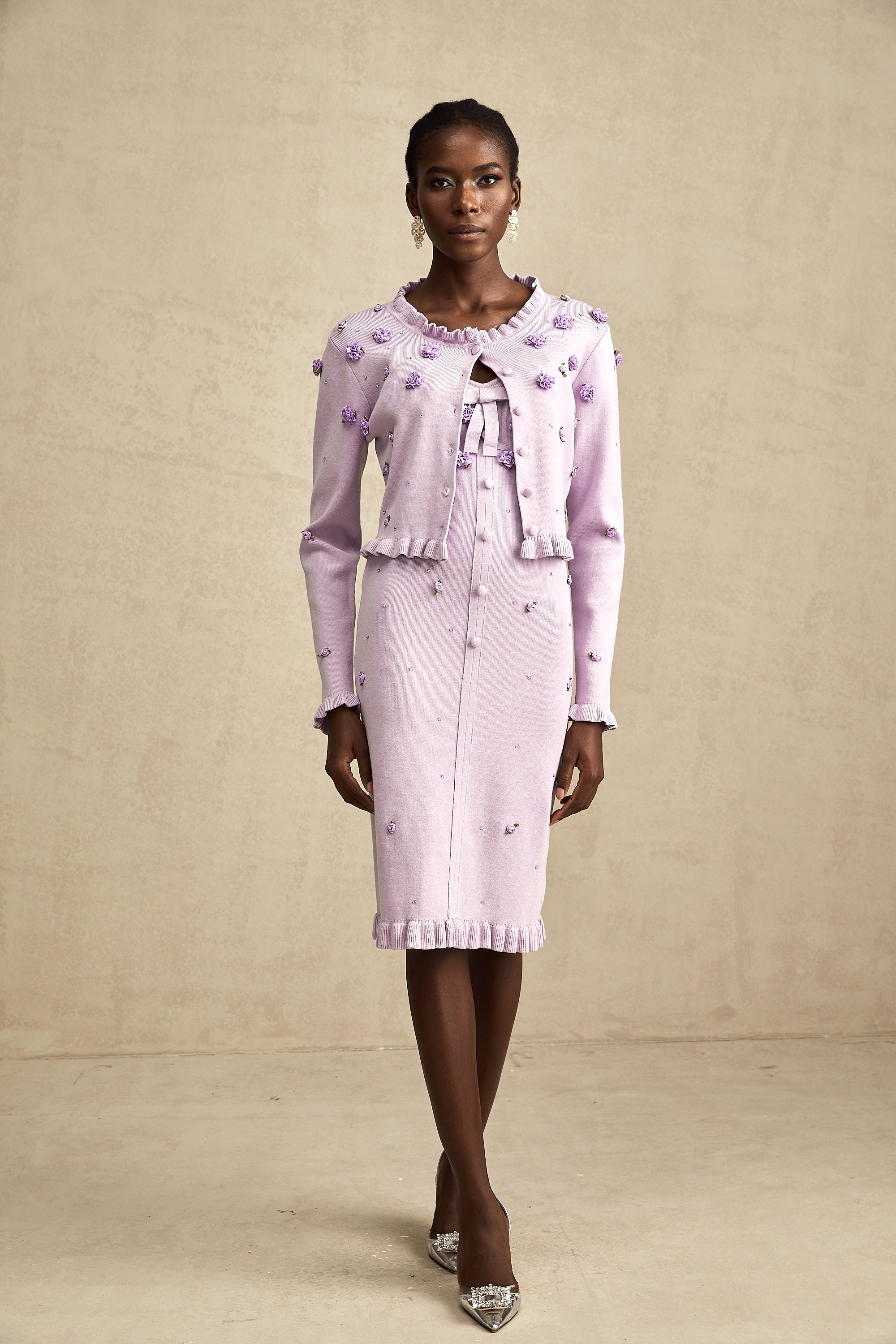 Çiçekli Örme Hırka ve Elbise Takım