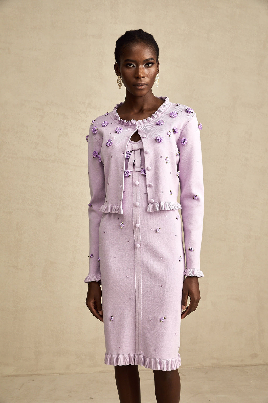 Çiçekli Örme Hırka ve Elbise Takım