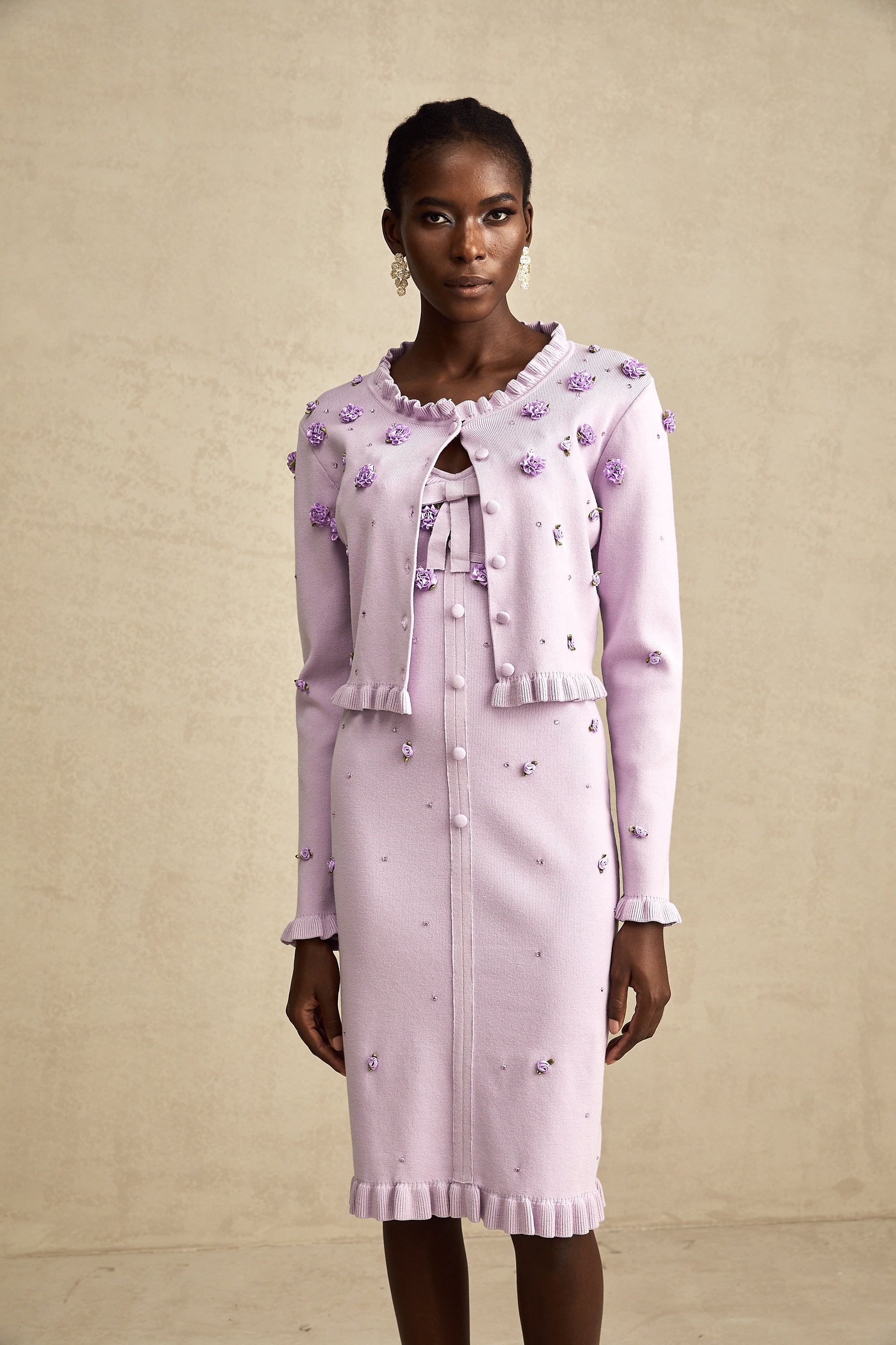 Çiçekli Örme Hırka ve Elbise Takım