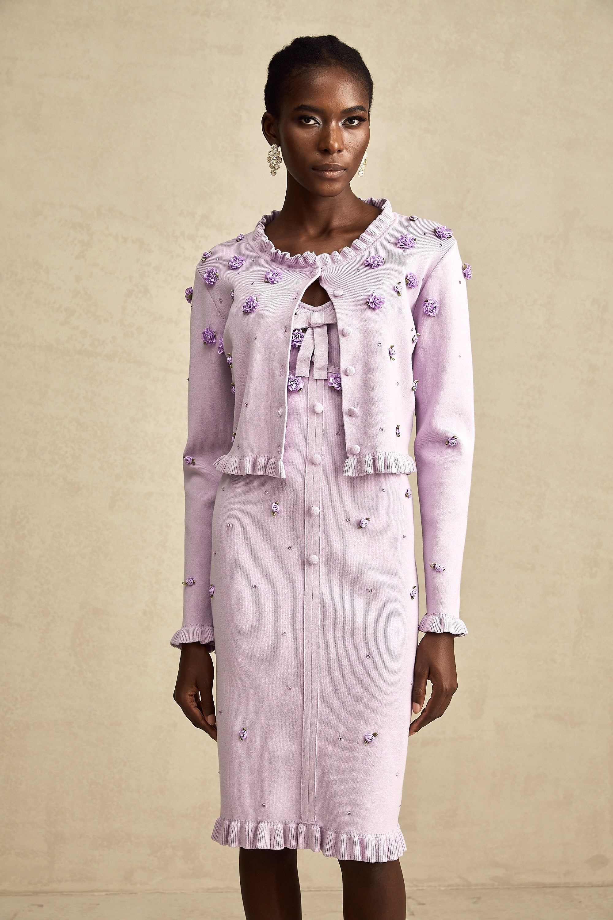 Çiçekli Örme Hırka ve Elbise Takım