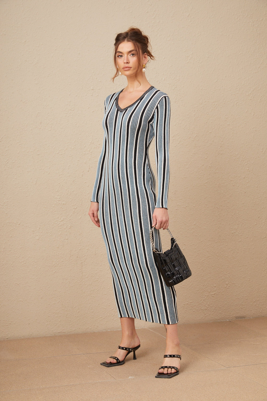 Delphine Dikey Çizgi Desenli Triko Maksi Elbise