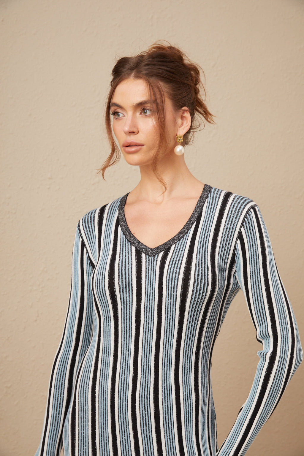 Delphine Dikey Çizgi Desenli Triko Maksi Elbise