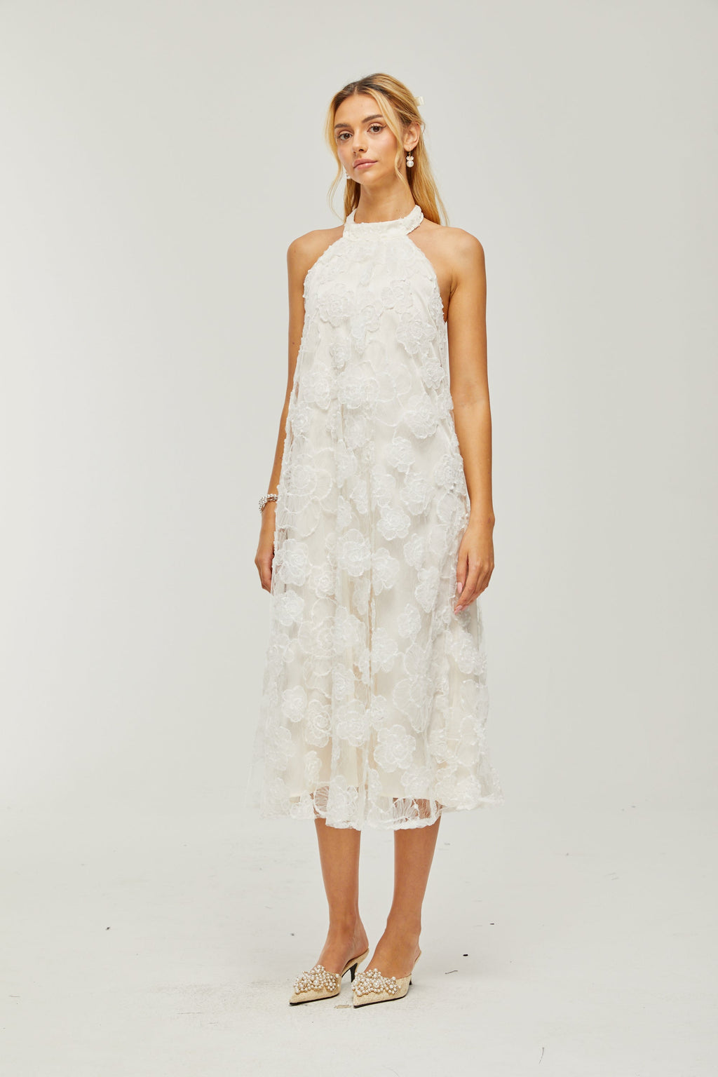 Céleste dantel midi elbise