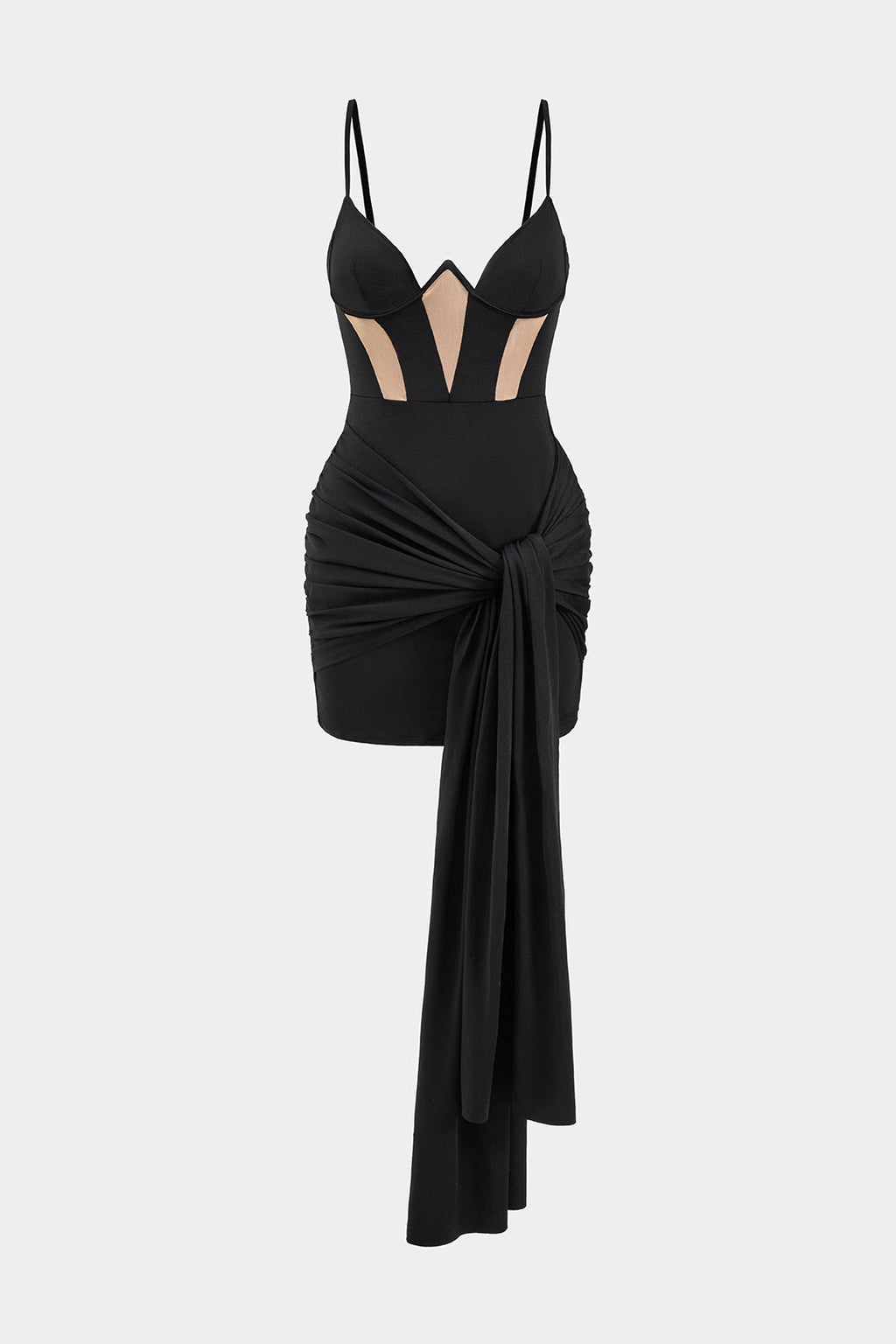 Ağ Mesh Detaylı, Şerit Bağlamalı Öndeki Korse Püsküllü Patchwork Kayık Elbise