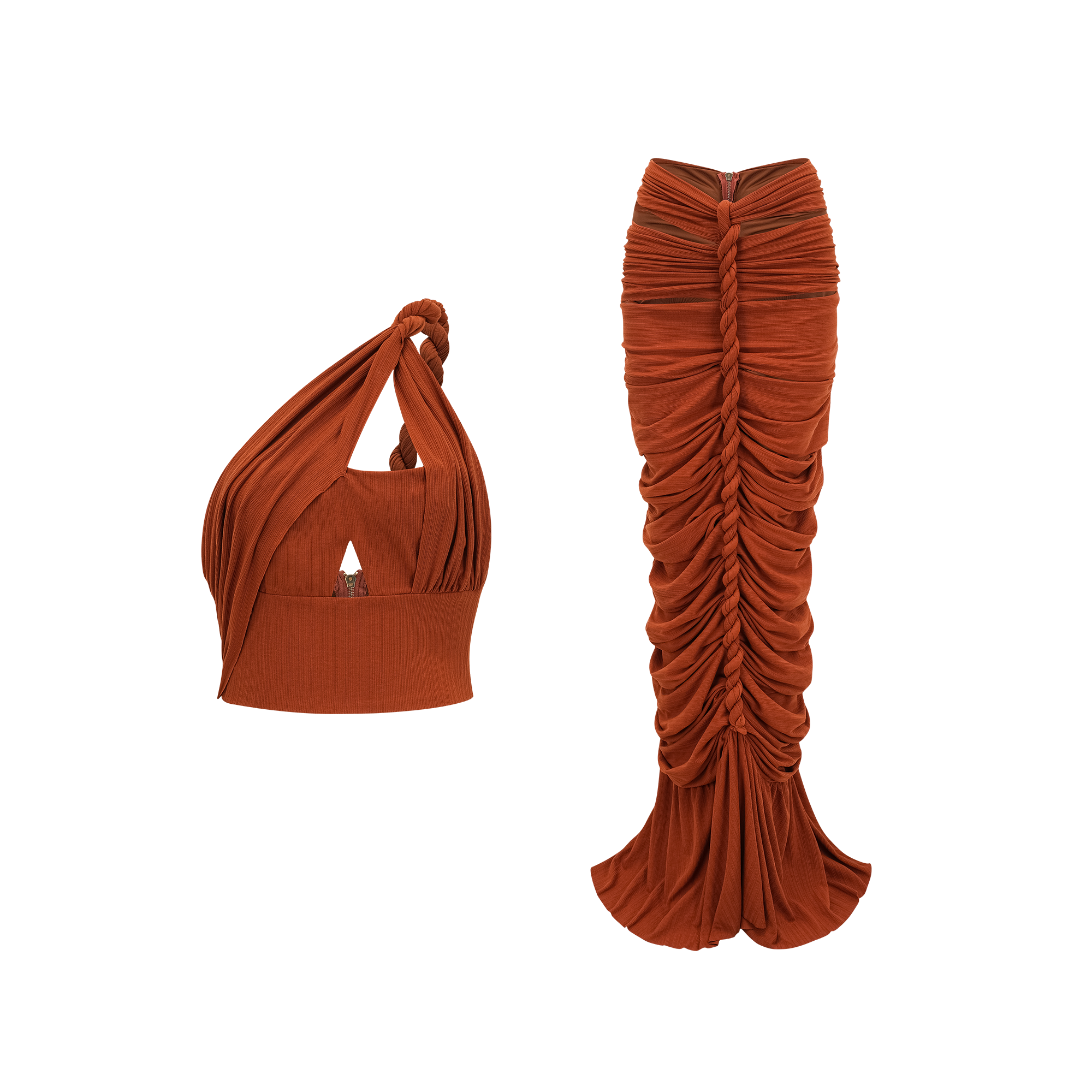 Célestine Kahverengi Burgu Detaylı Kesik Bluz ve Etek Takımı