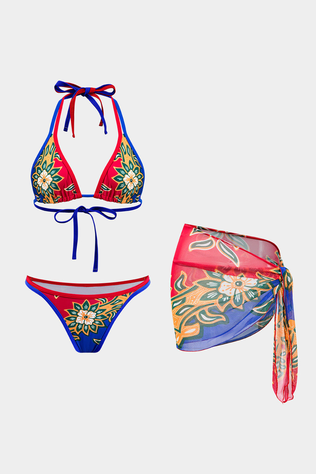 Çiçek Desenli Büzgülü Bağlamalı Bikini ve Mayo Eteği Pareo Takım