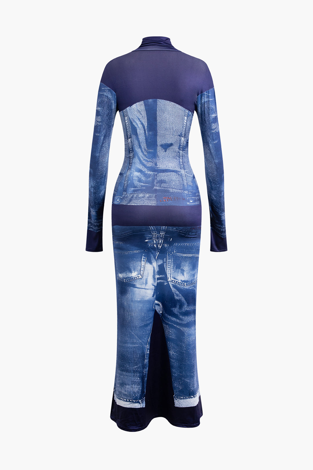 Denim Desenli Balıkçı Yaka Uzun Kollu maksi Elbise