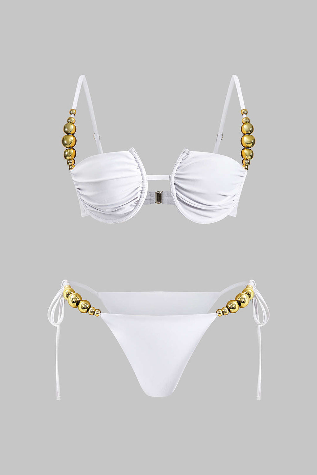 Boncuk Detaylı Büzgülü Düğme Bağlamalı Sırt Dekolteli Bikini Takımı