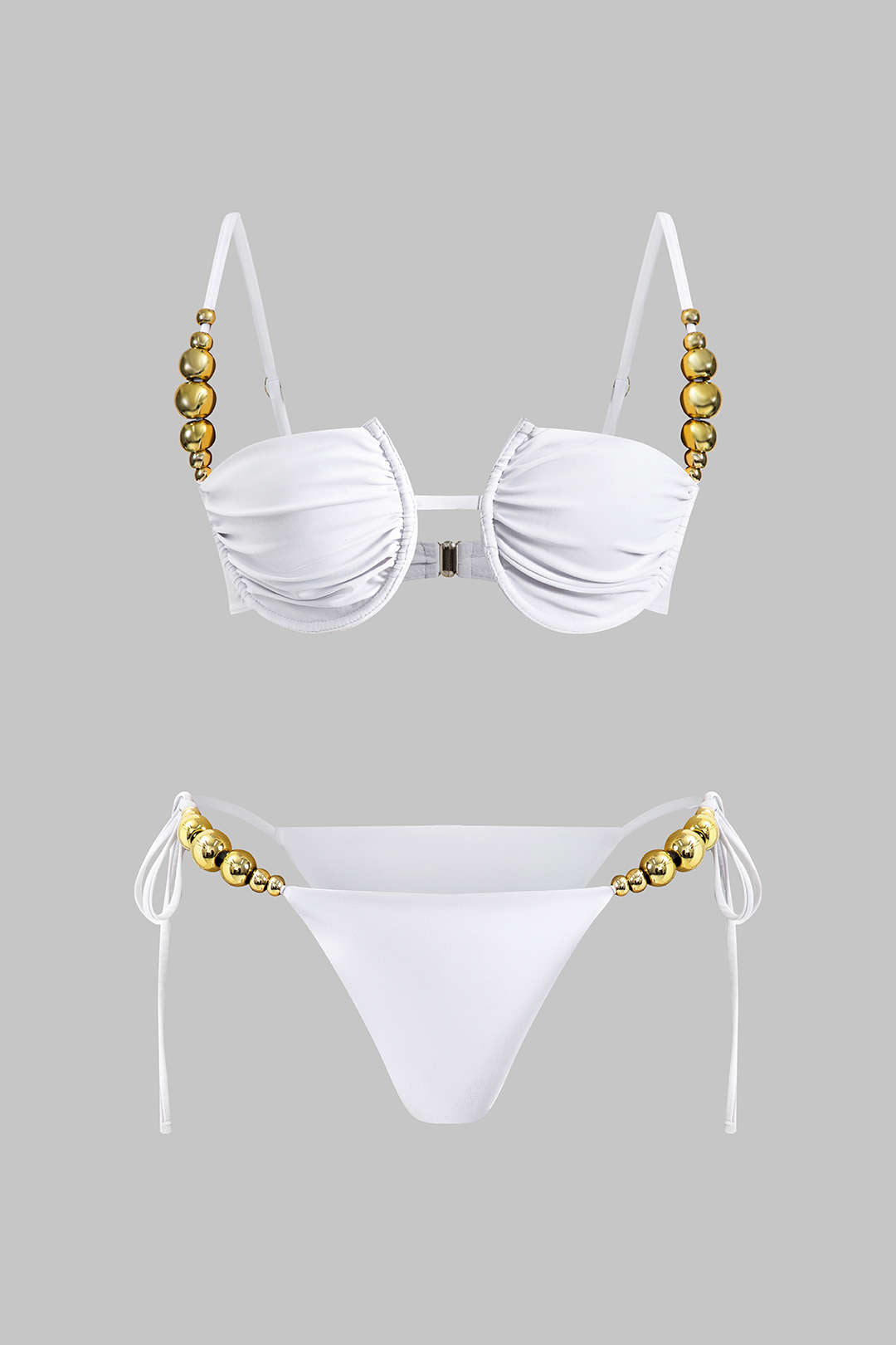 Boncuk Detaylı Büzgülü Düğme Bağlamalı Sırt Dekolteli Bikini Takımı