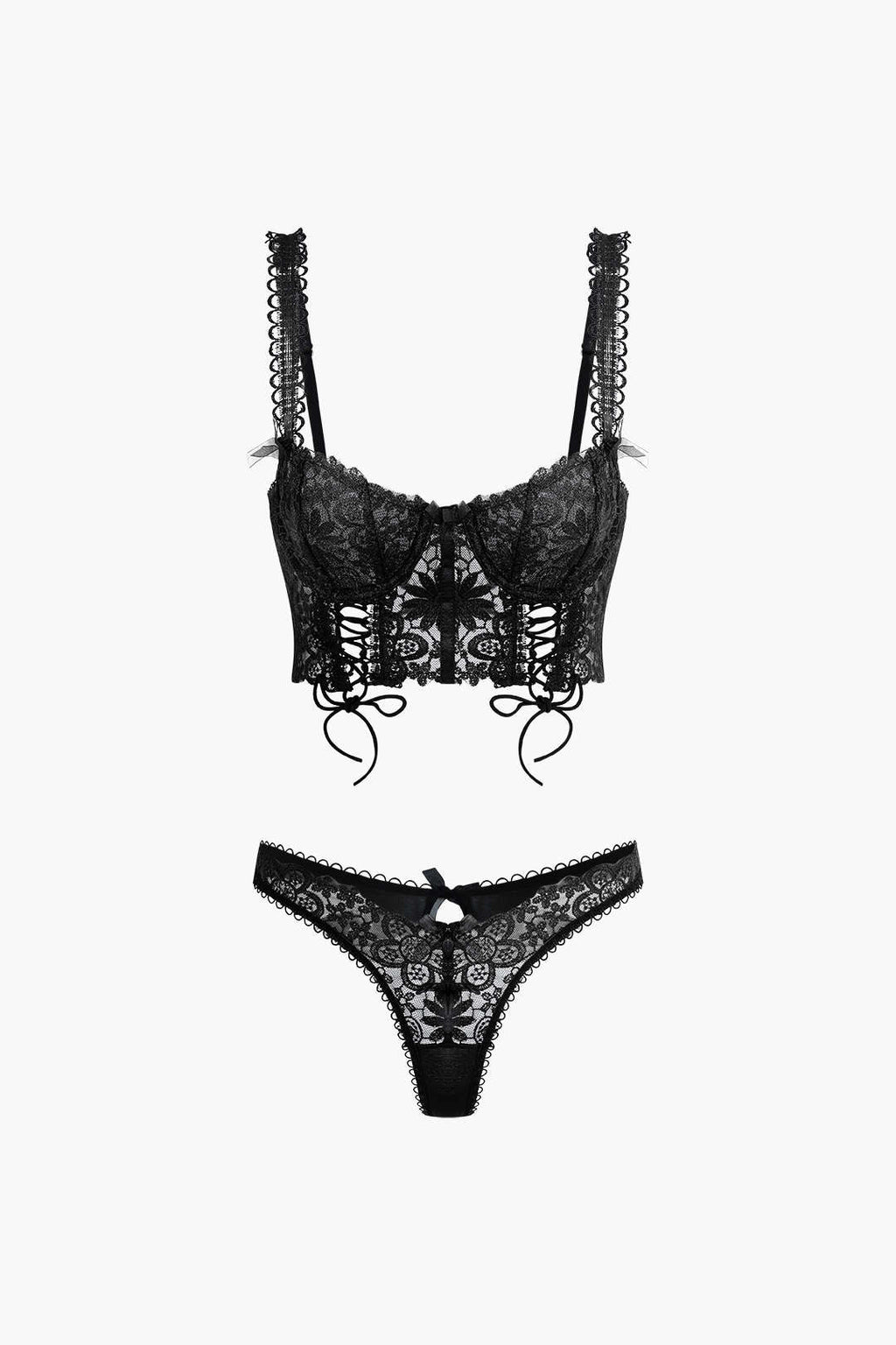 Dantel Bağlama Ön Bustiyer, Top ve Şort Seti