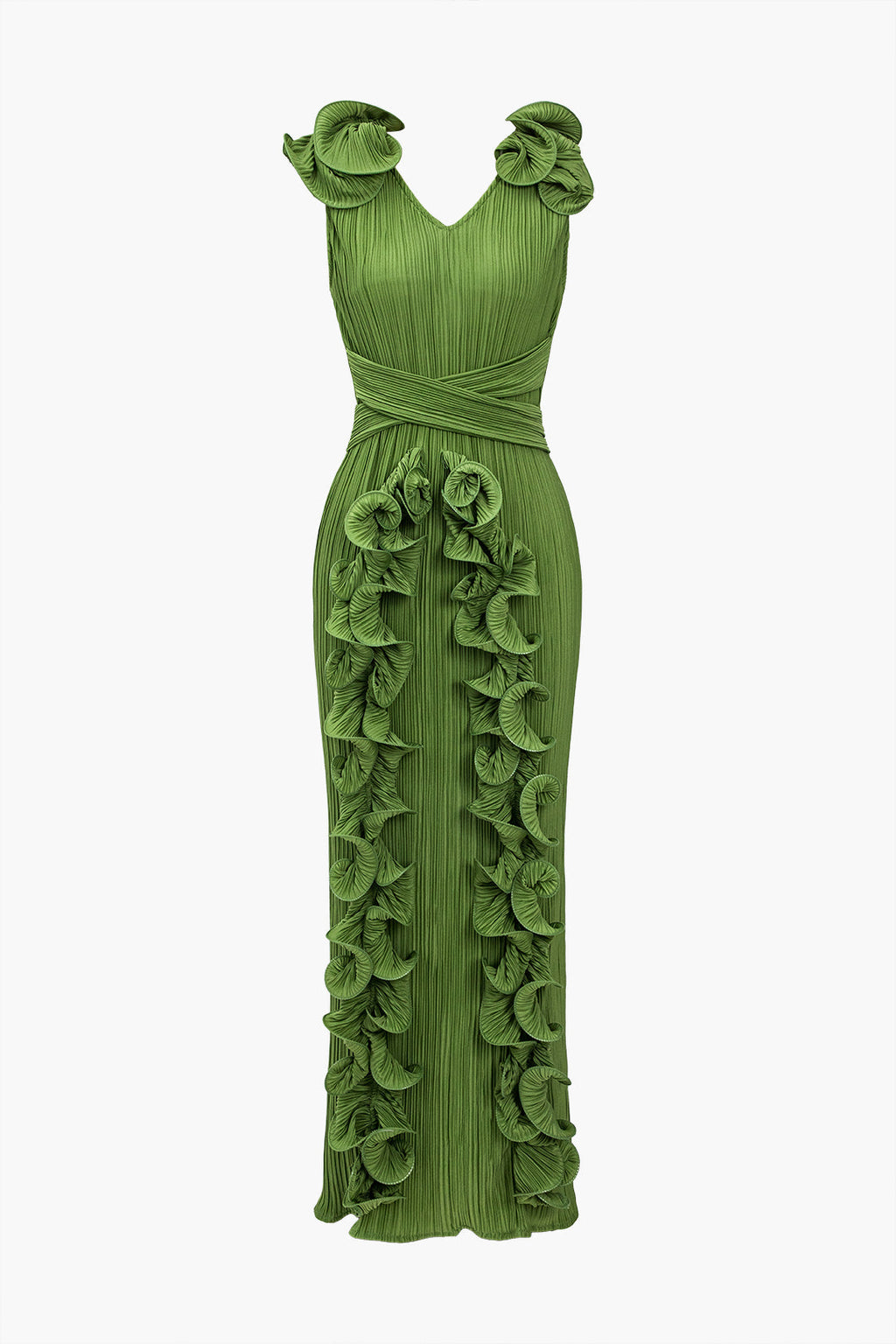 3D Çiçekli V Yaka Midi Elbise