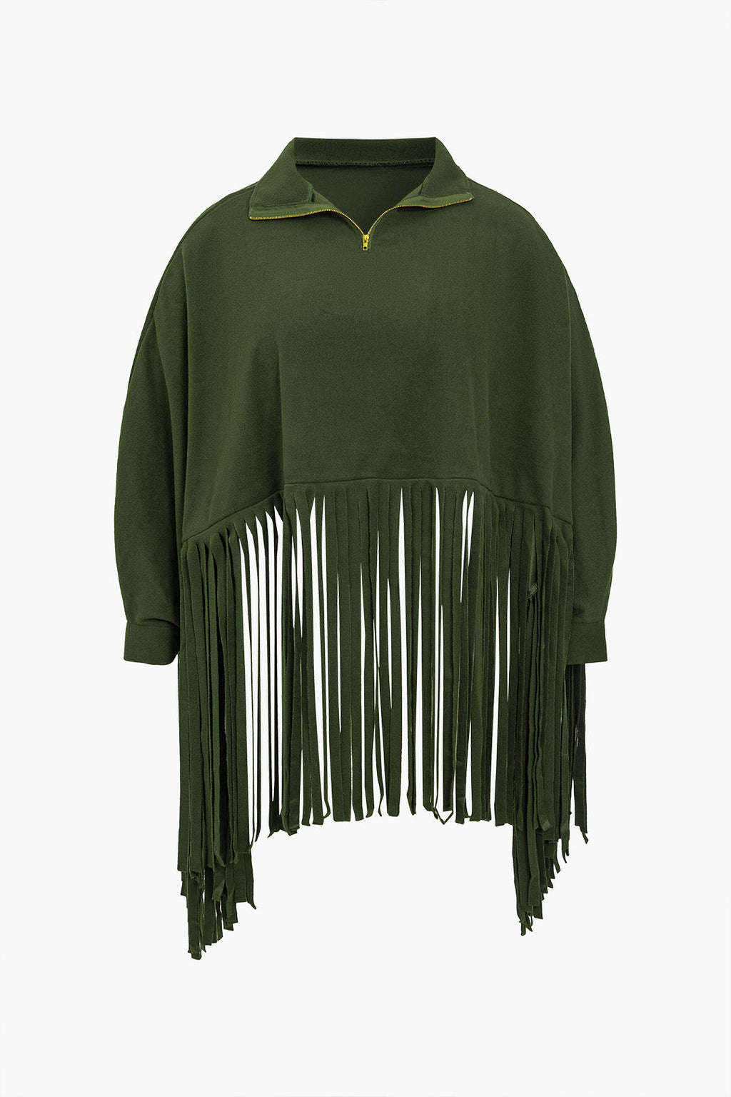 Büyük Beden Katı Saçaklı Fermuarlı Kazak