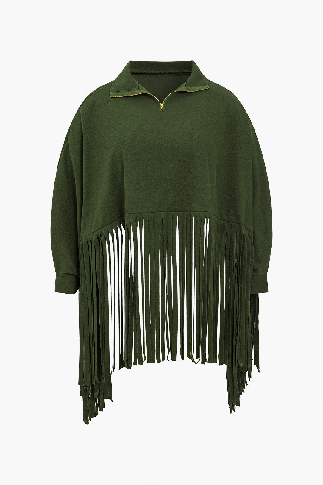 Büyük Beden Katı Saçaklı Fermuarlı Kazak