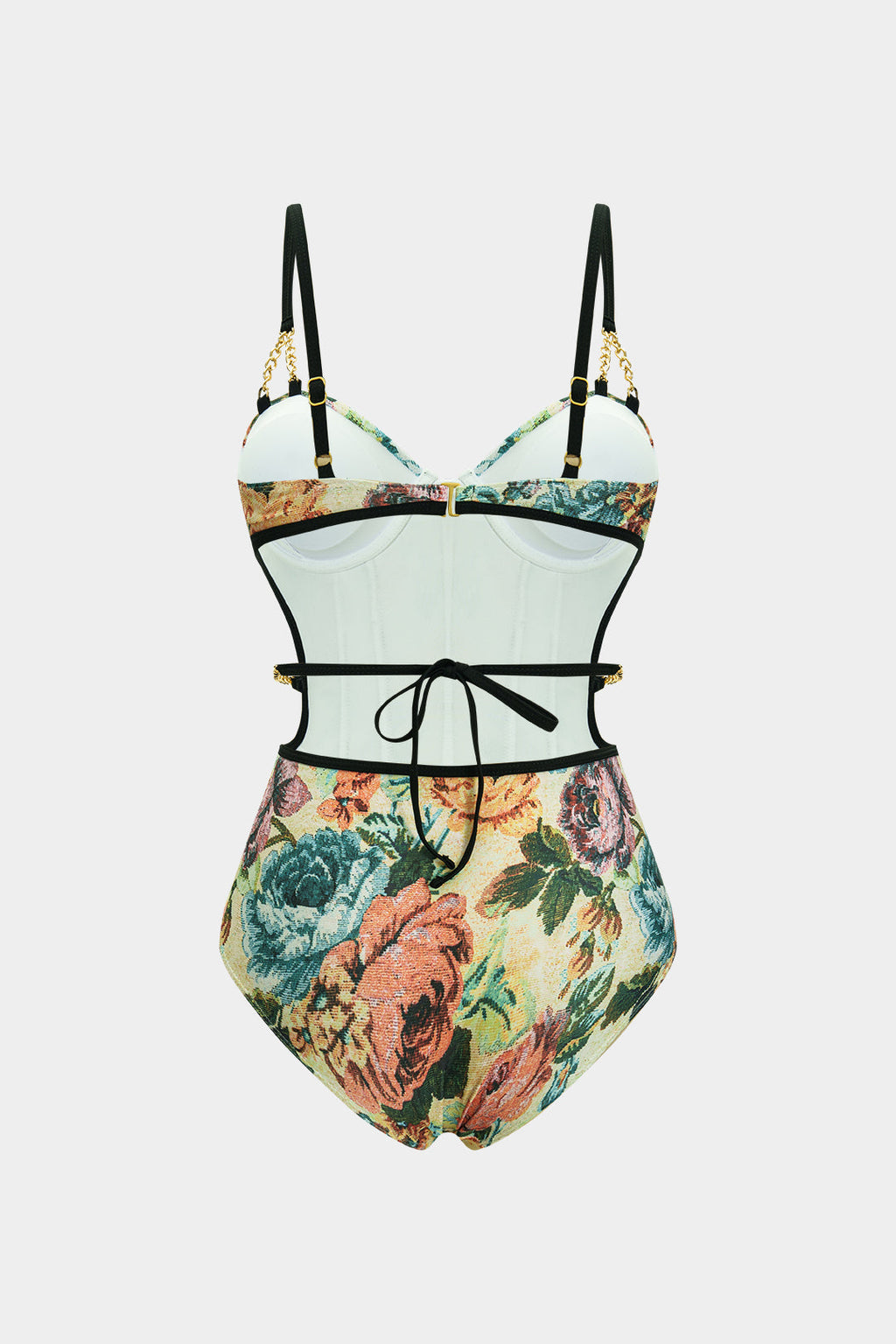 Çiçek Desenli Metalik Aksesuarlı Korse Karın Toparlayıcı Mayo ve Pareo Mayo Eteği Seti