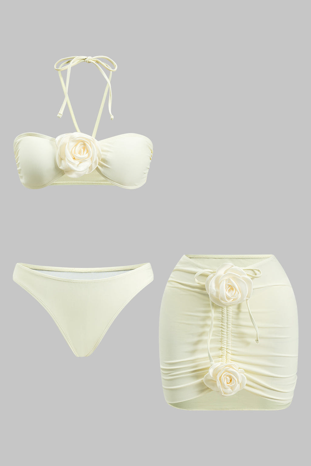 3D Çiçekli Büzgülü Bikini ve Mayo Eteği Pareo Takım