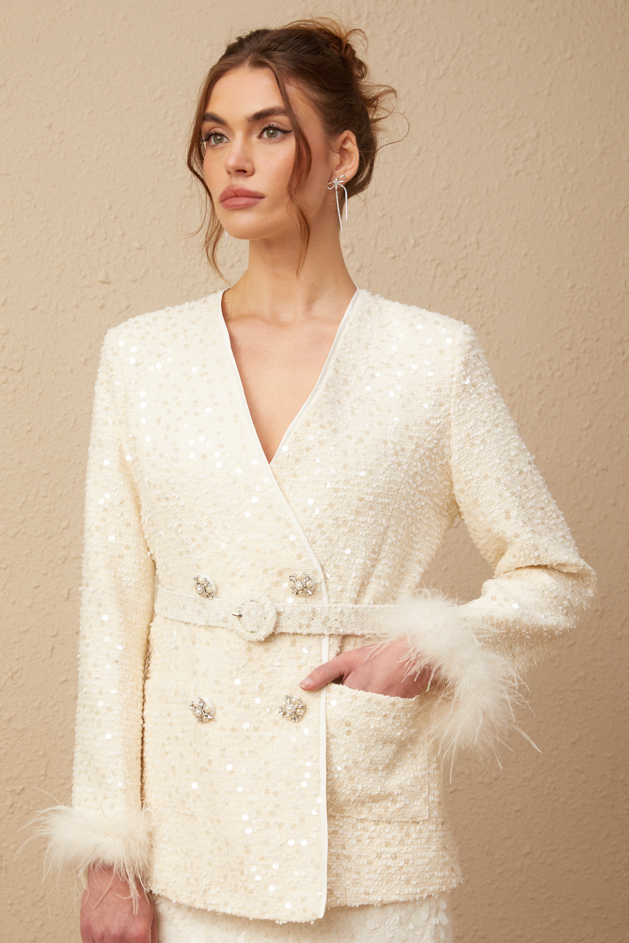 Carlotta Çift Düğmeli Tüy Detaylı Payetli Ceket