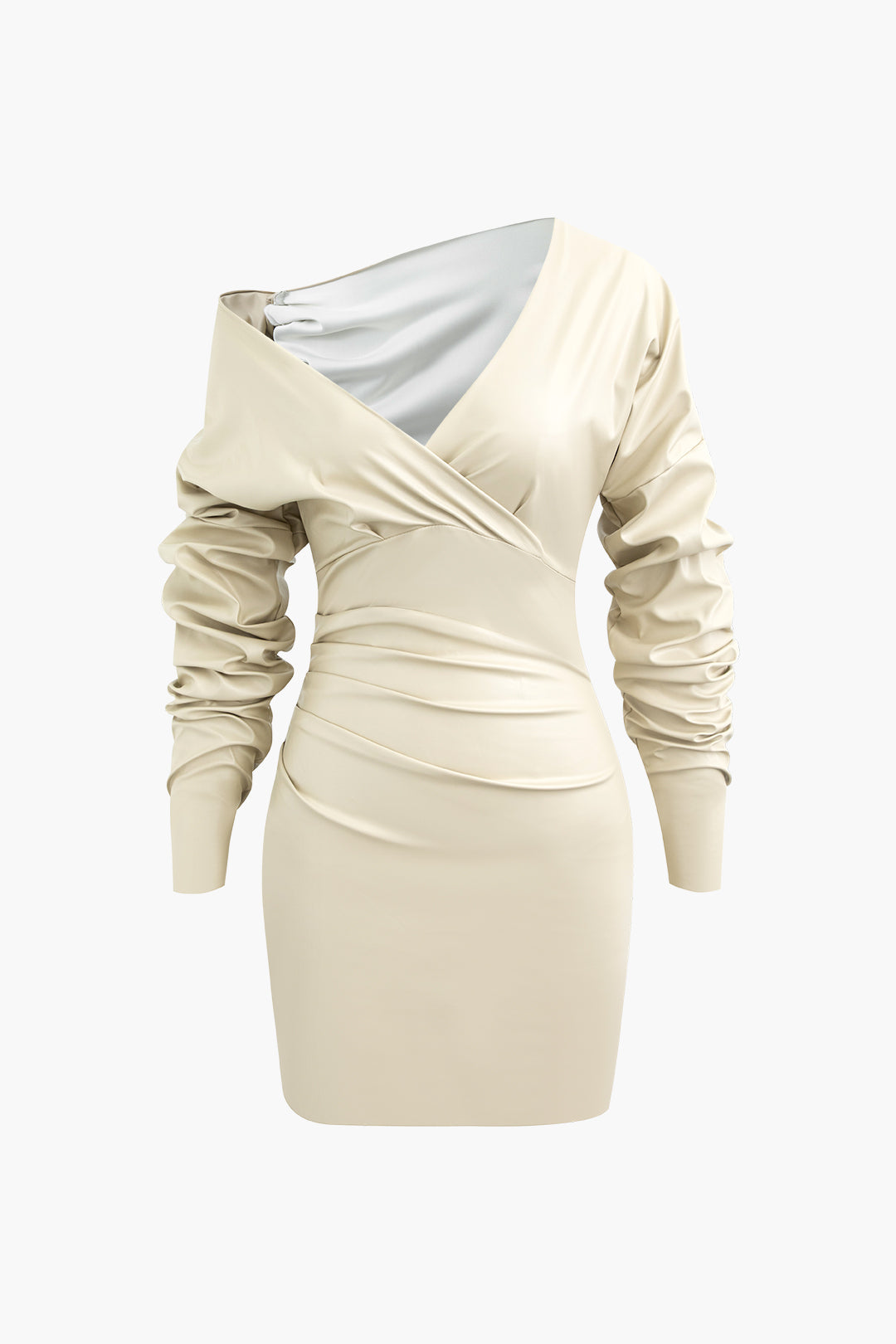 Asimetrik Deri V Yaka Büzgülü Mini Elbise