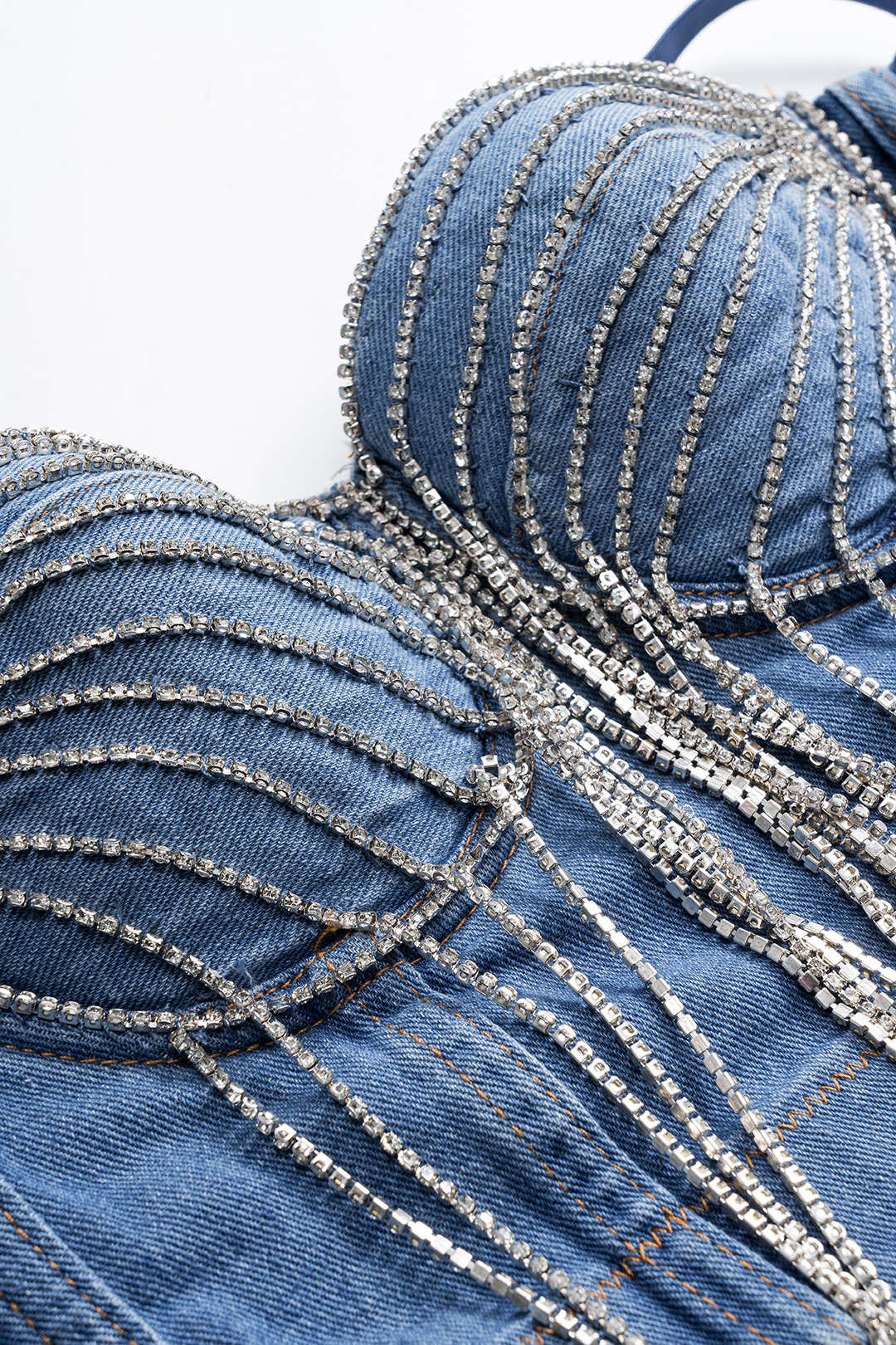 Denim Straz Taşlı Fringeli Büstiyer Sırt Dekolteli Askılı Üst