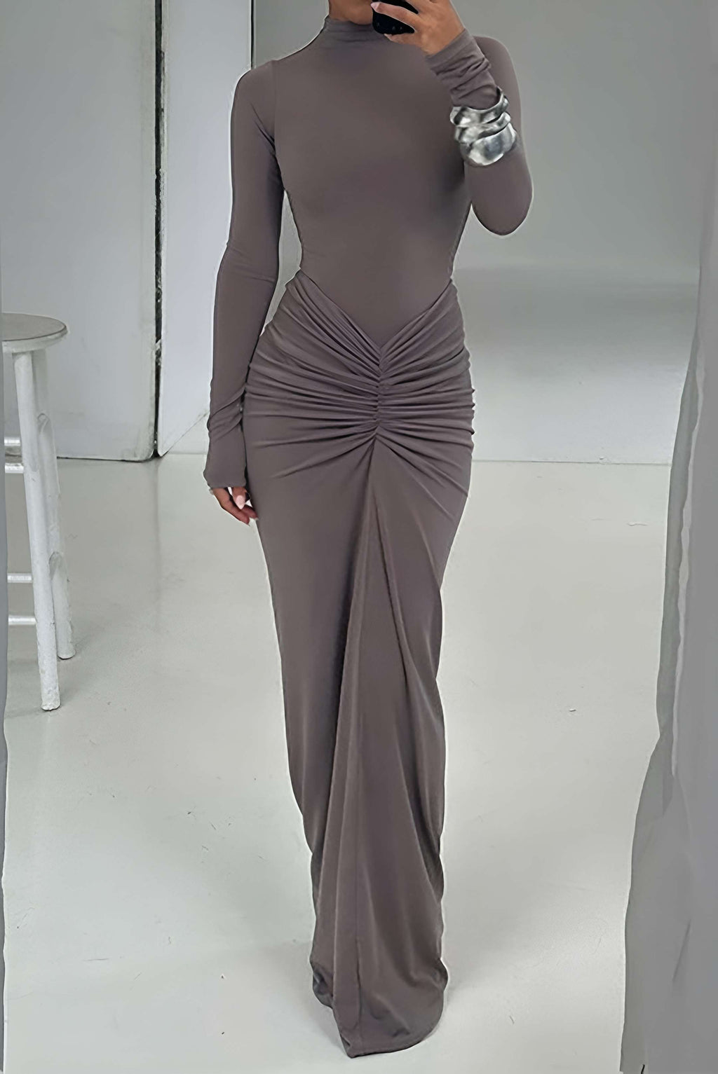 Beli Dantelli Uzun Kollu maksi Elbise