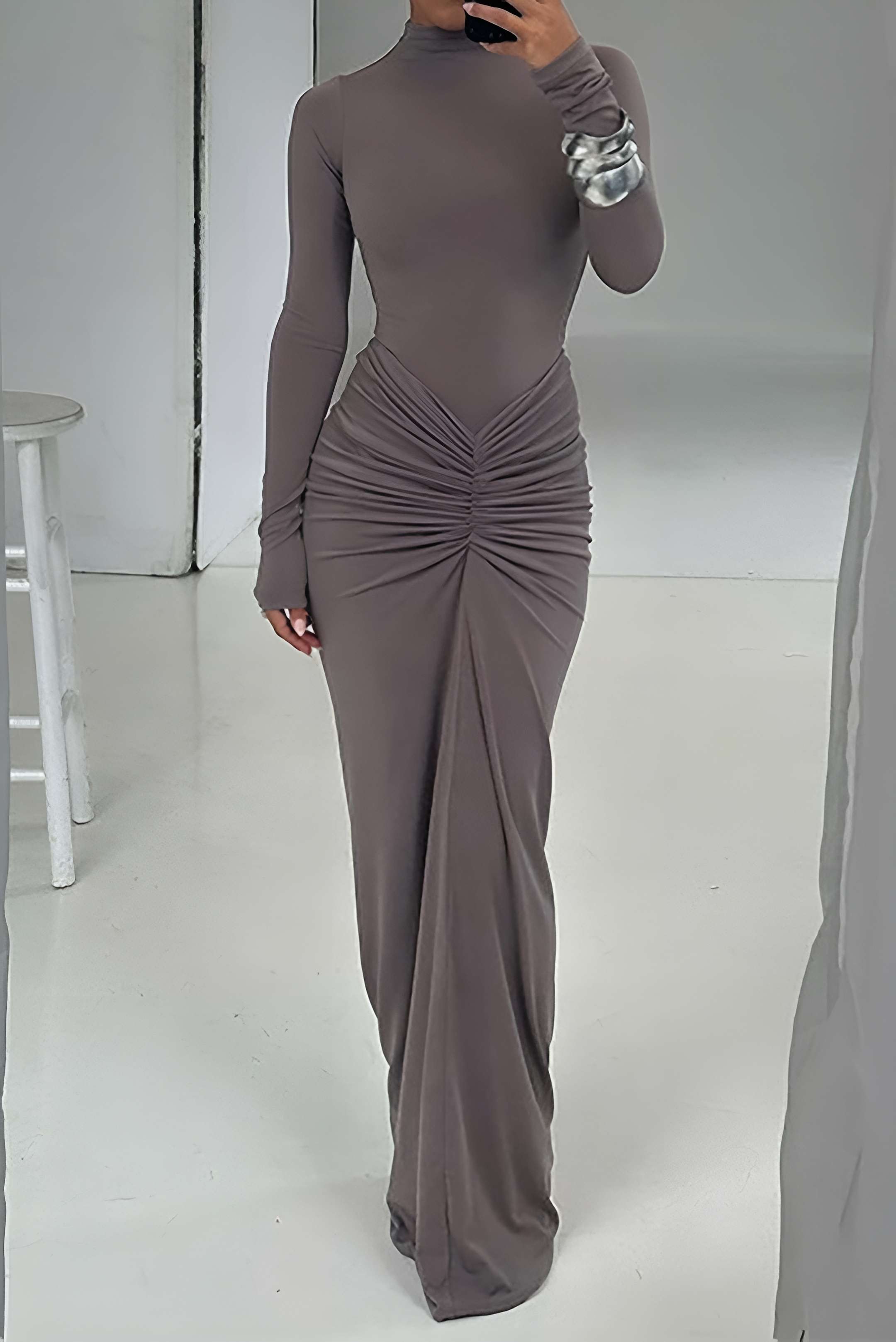 Beli Dantelli Uzun Kollu maksi Elbise