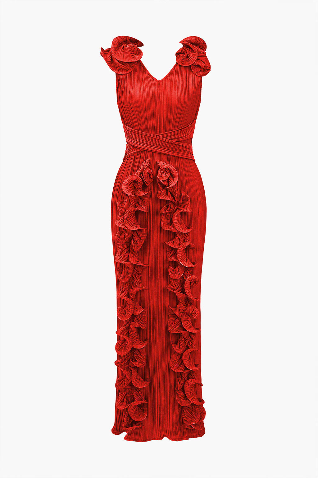 3D Çiçekli V Yaka Midi Elbise