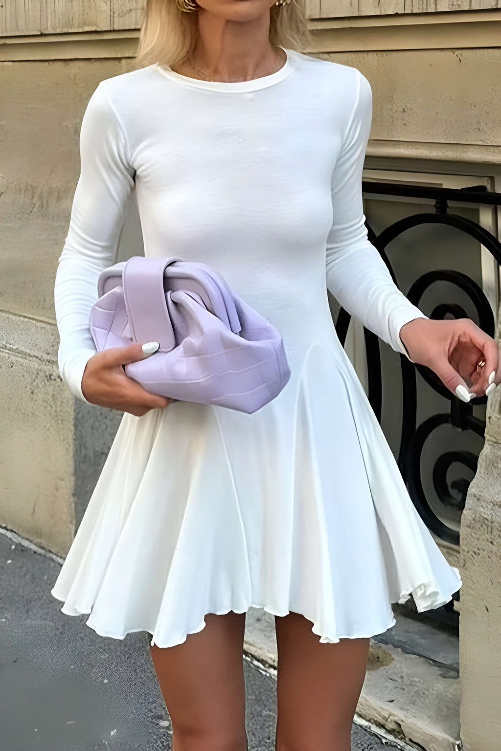 Basic Katı Fırfırlı Uzun Kollu Mini Elbise