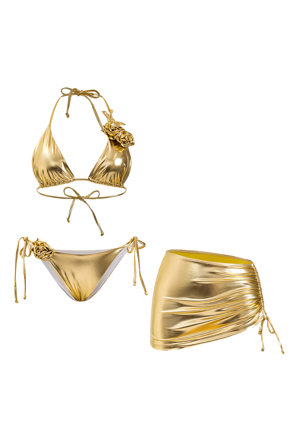 3D Çiçekli Bağlamalı Bikini ve Mayo Eteği Pareo Takım