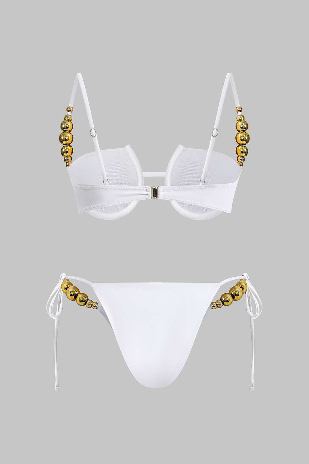 Boncuk Detaylı Büzgülü Düğme Bağlamalı Sırt Dekolteli Bikini Takımı