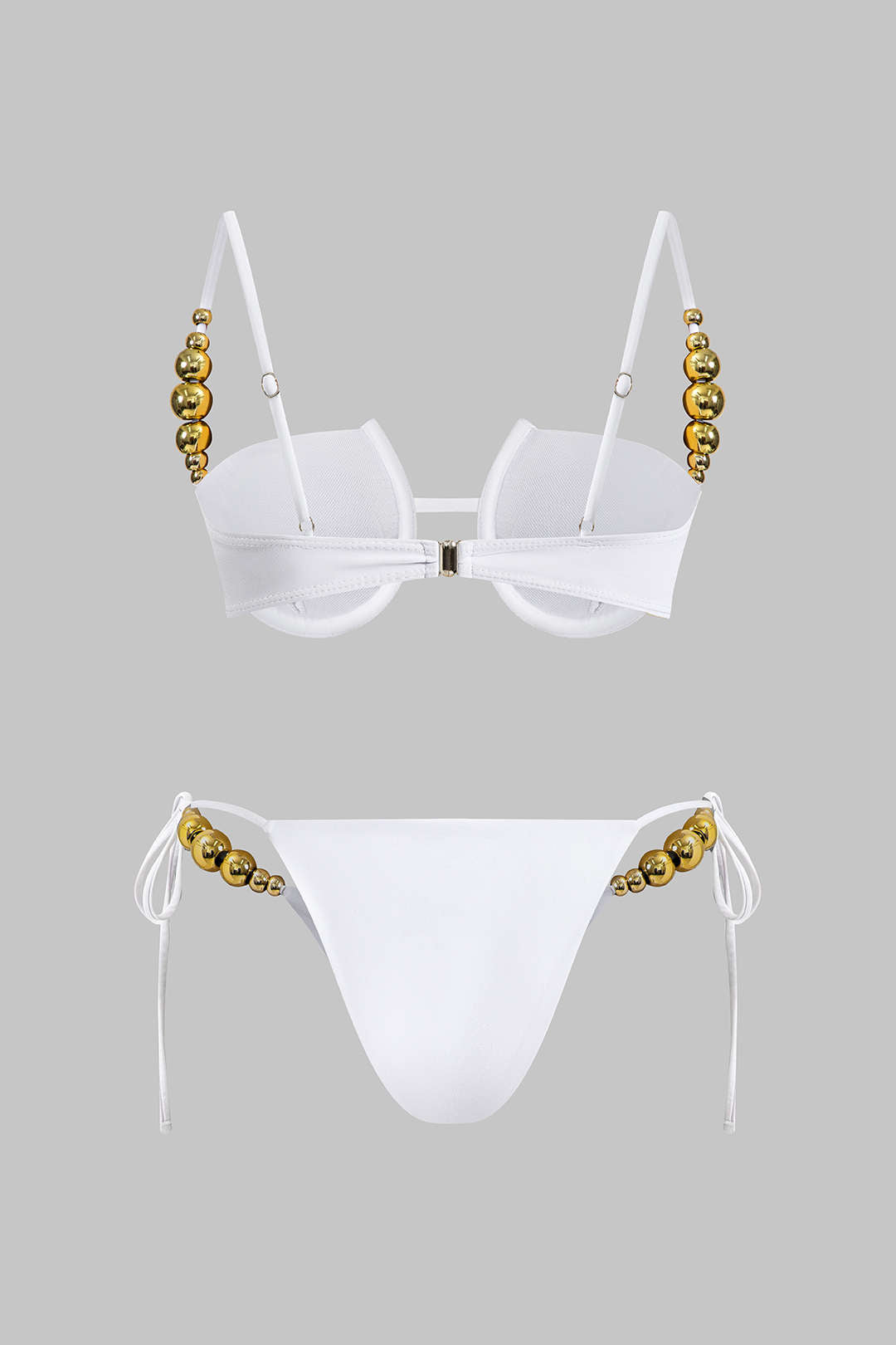 Boncuk Detaylı Büzgülü Düğme Bağlamalı Sırt Dekolteli Bikini Takımı