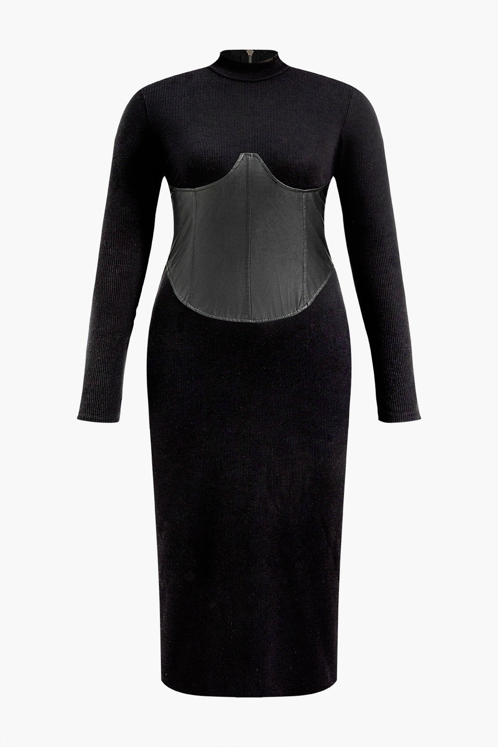 Büyük Beden Deri Patchwork Uzun Kollu maksi Elbise