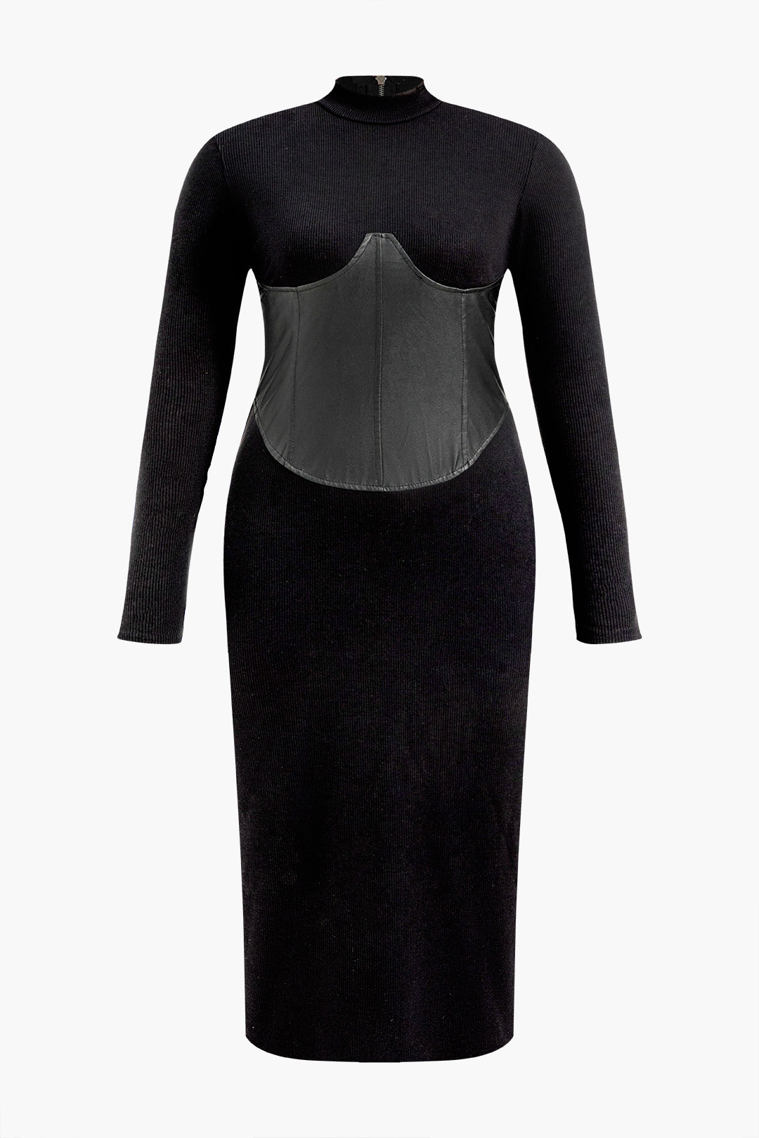 Büyük Beden Deri Patchwork Uzun Kollu maksi Elbise