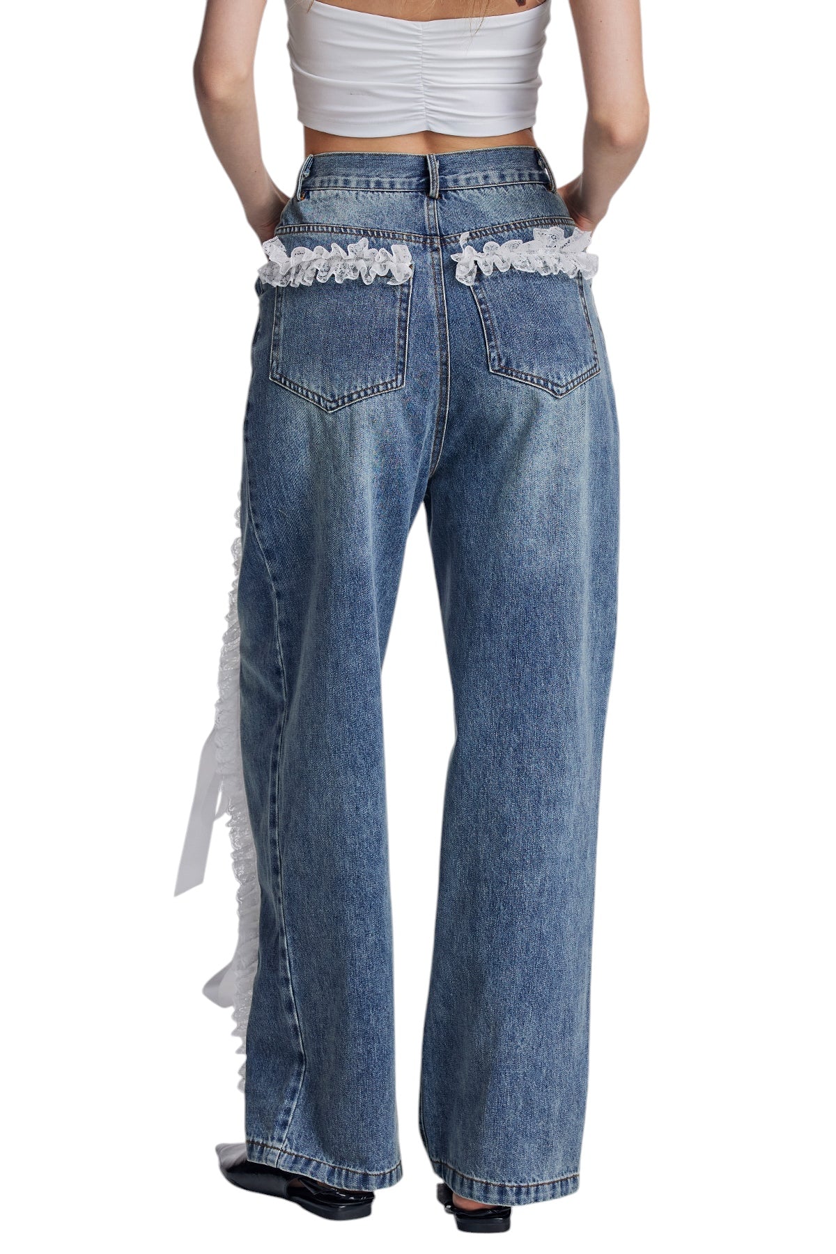 Dantel Detaylı Parçalı Bağcıklı Jean