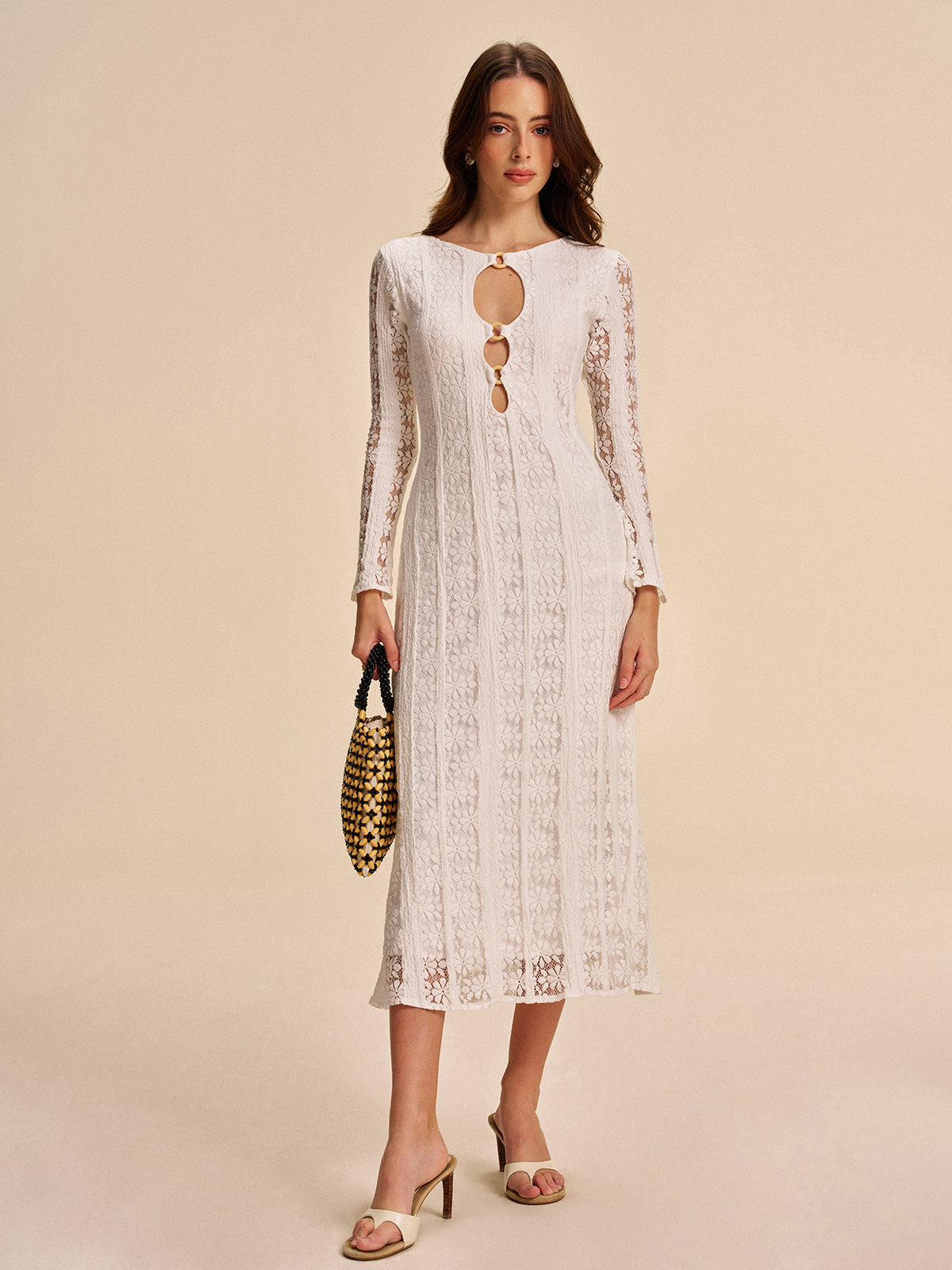 Dekolteli dantel midi elbise